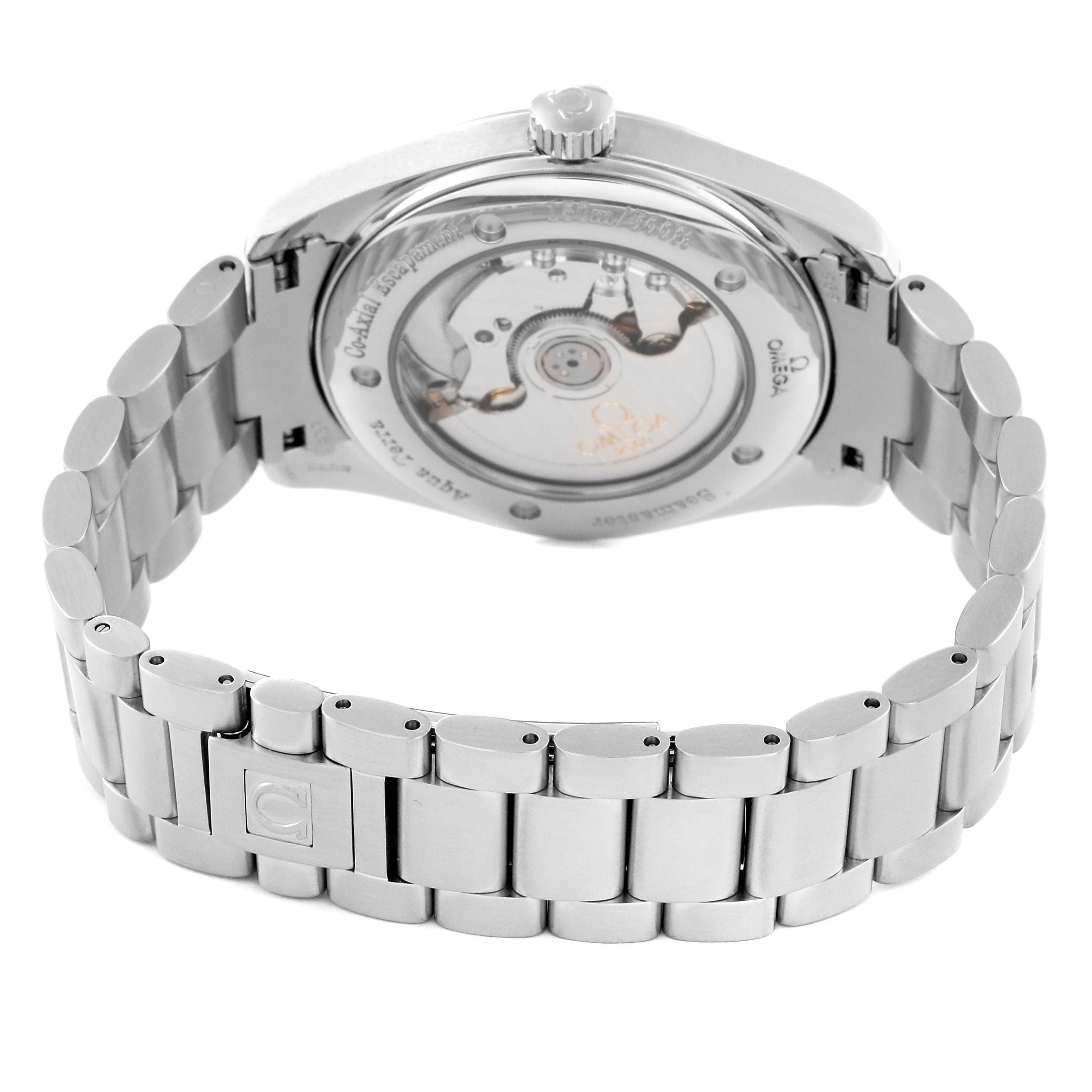 The image shows the back view of the Omega Aqua Terra 2502.33.00 Men
s Stainless Steel Silver Dial 2502.33.00 Men
s Stainless Steel Silver Dial watch, highlighting its transparent caseback and stainless steel bracelet.