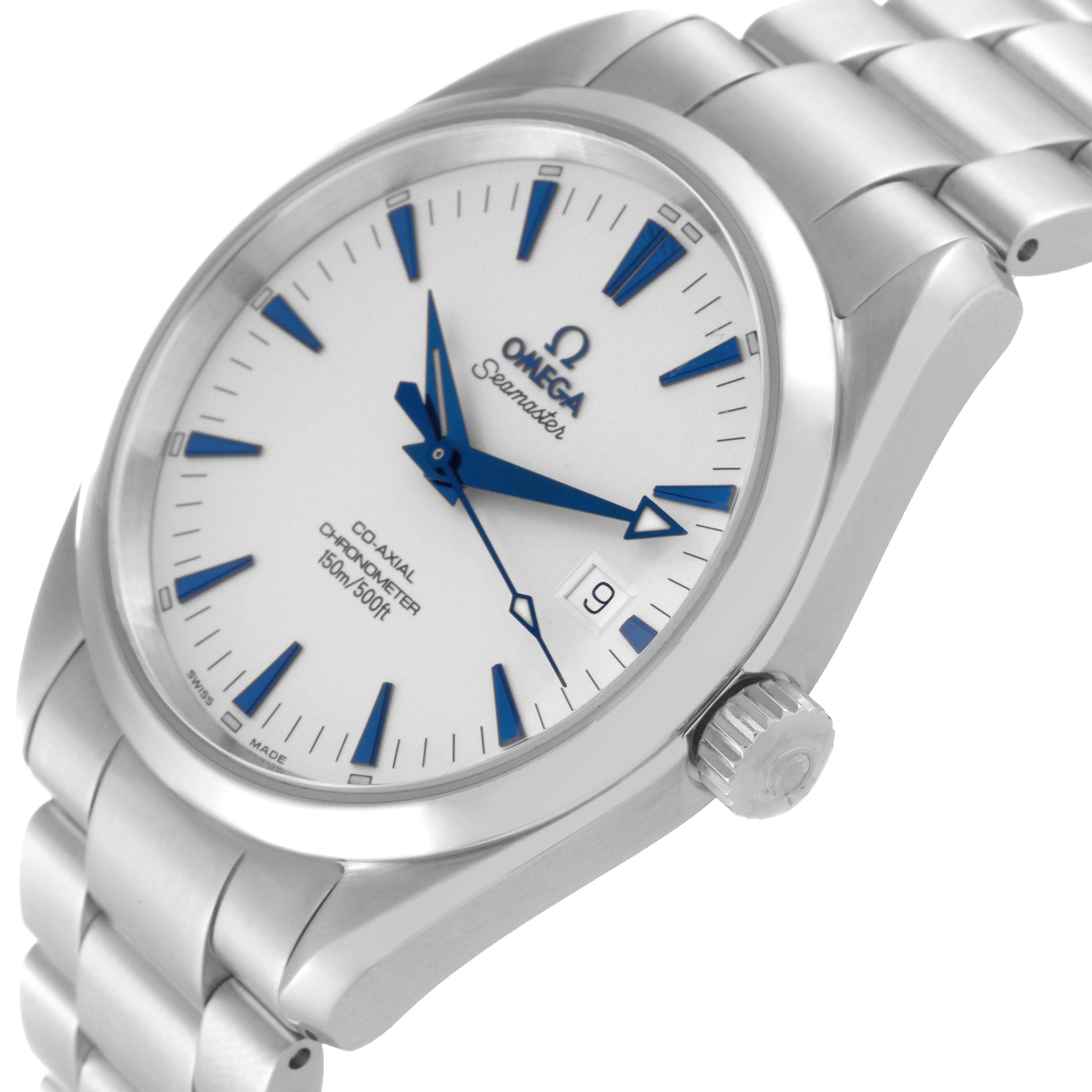 This is a close-up angled view of the Omega Aqua Terra 2502.33.00 Men
s Stainless Steel Silver Dial 2502.33.00 Men
s Stainless Steel Silver Dial watch, showing the dial, bezel, crown, and part of the bracelet.