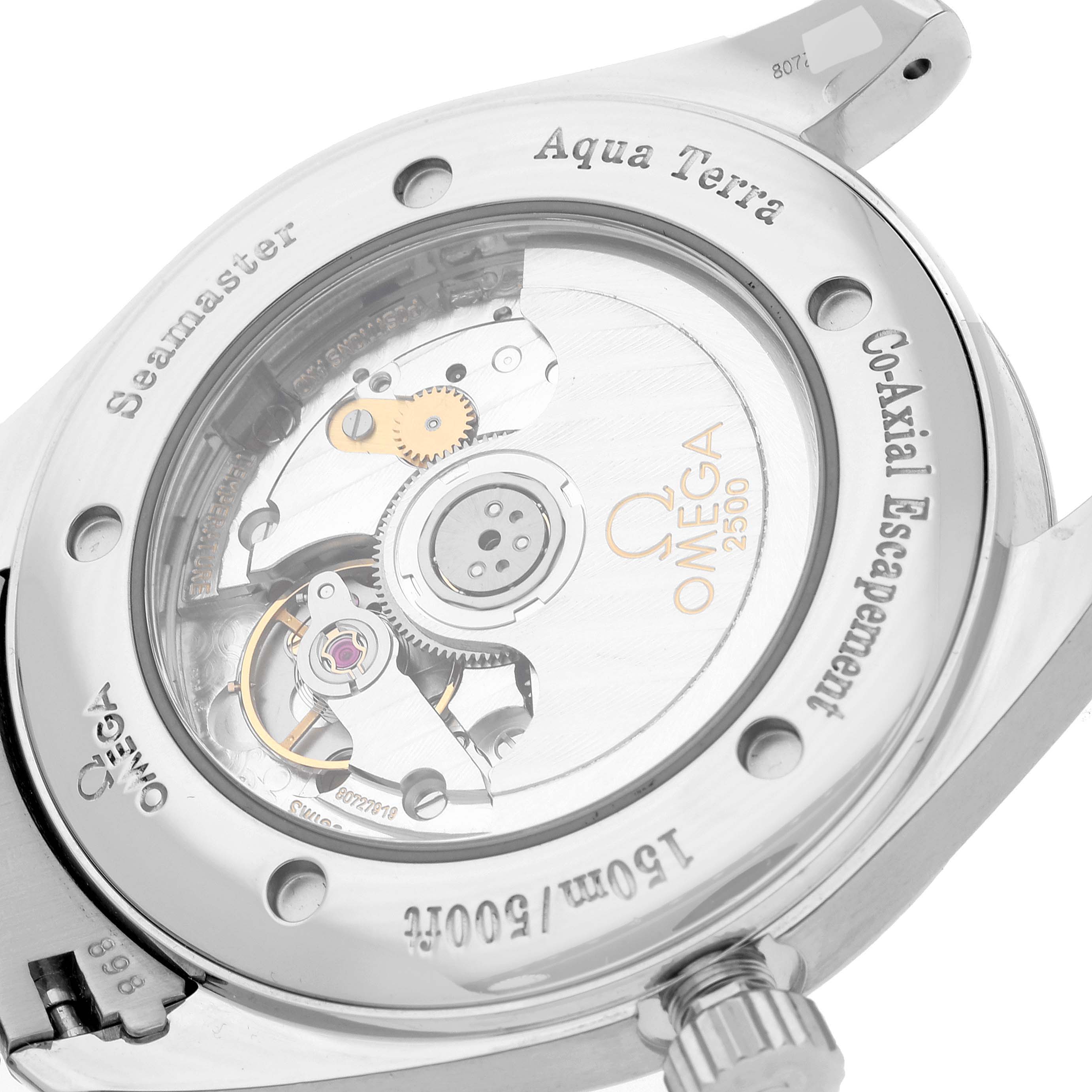 This is a close-up view of the Omega Aqua Terra 2502.33.00 Men
s Stainless Steel Silver Dial 2502.33.00 Men
s Stainless Steel Silver Dial watch
s transparent case back, revealing the internal movement.