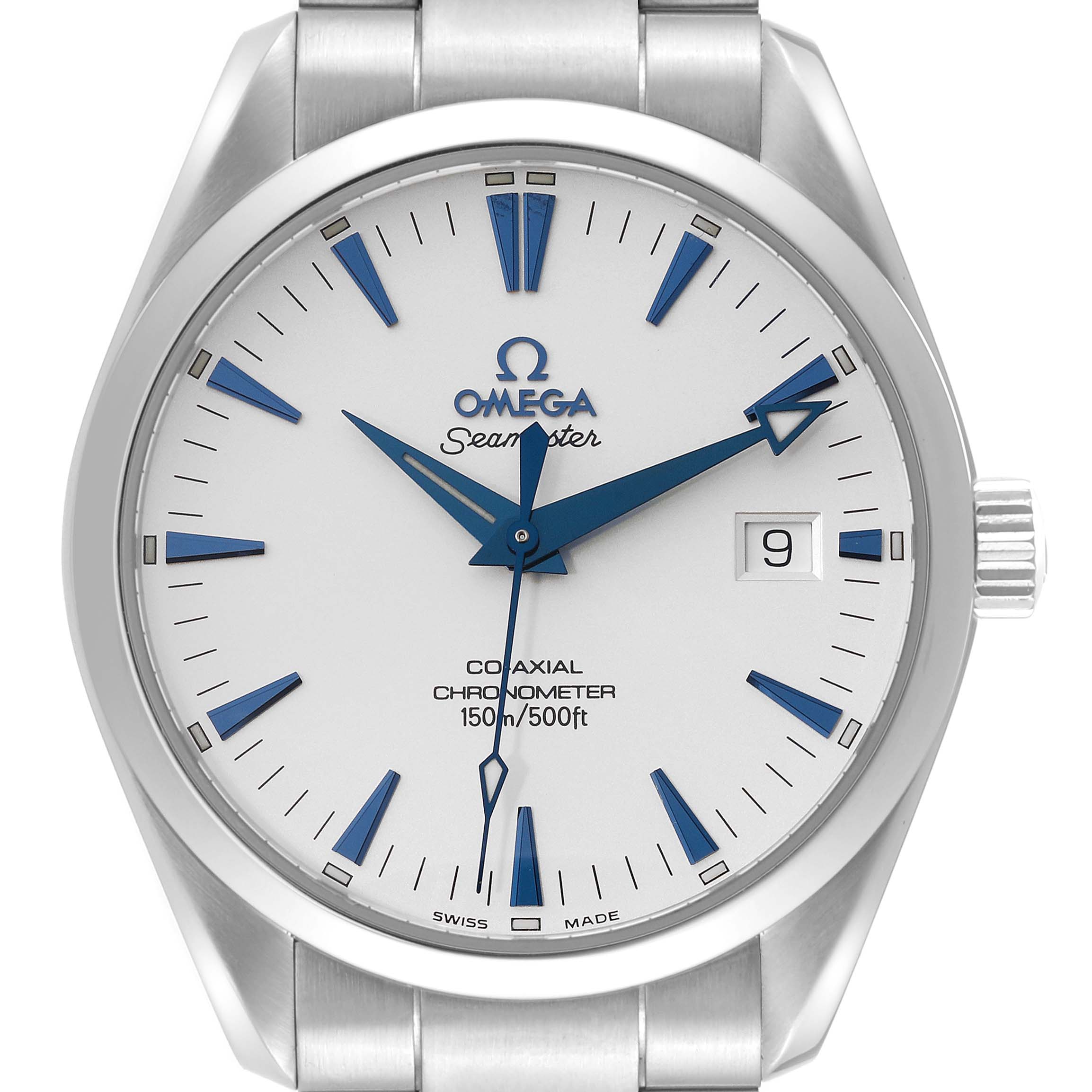 The image shows the face and upper part of the band of the Omega Aqua Terra 2502.33.00 Men
s Stainless Steel Silver Dial 2502.33.00 Men
s Stainless Steel Silver Dial model watch straight on.