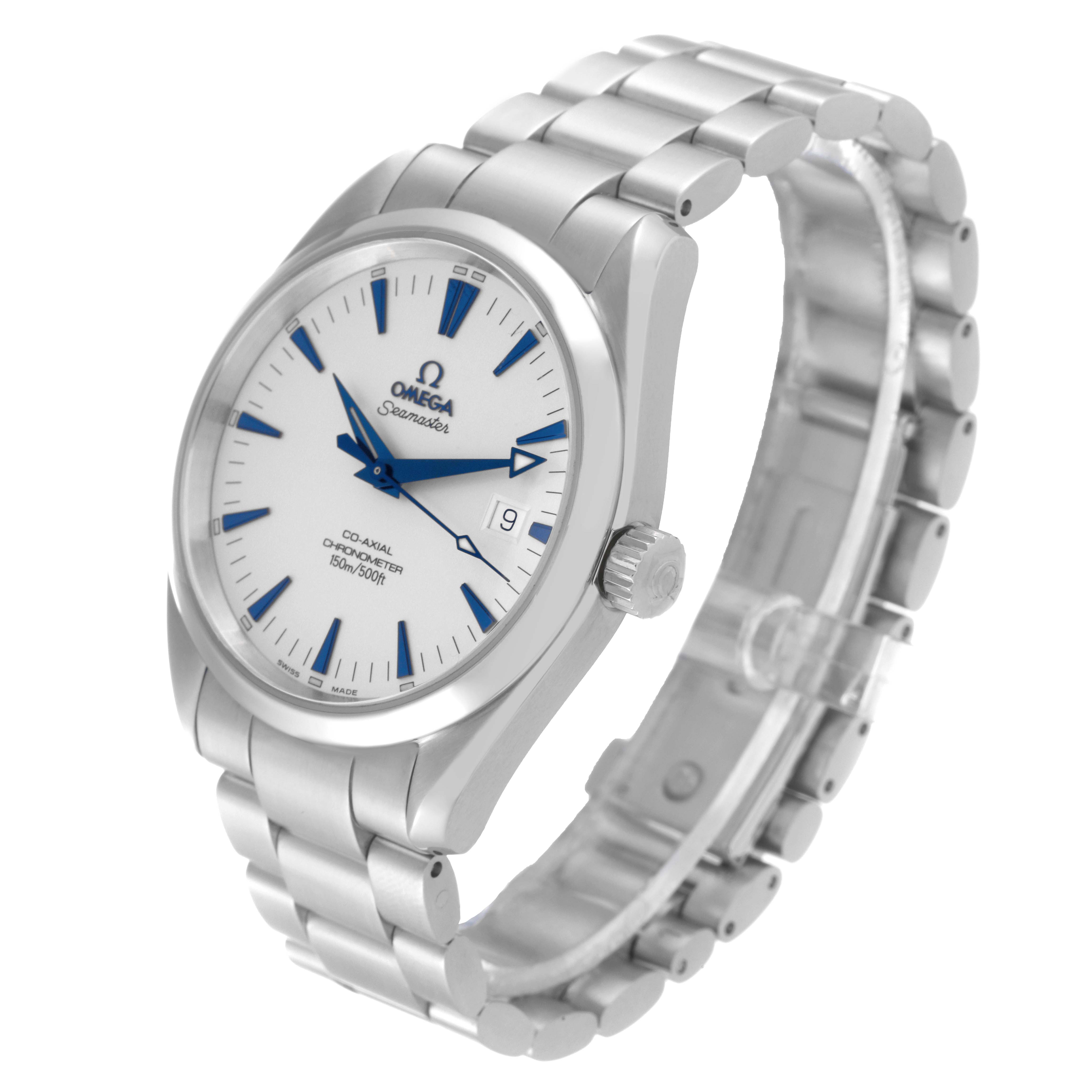 The image shows a 3/4 angle of an Omega Aqua Terra 2502.33.00 Men
s Stainless Steel Silver Dial 2502.33.00 Men
s Stainless Steel Silver Dial watch, displaying its face, bracelet, and crown.