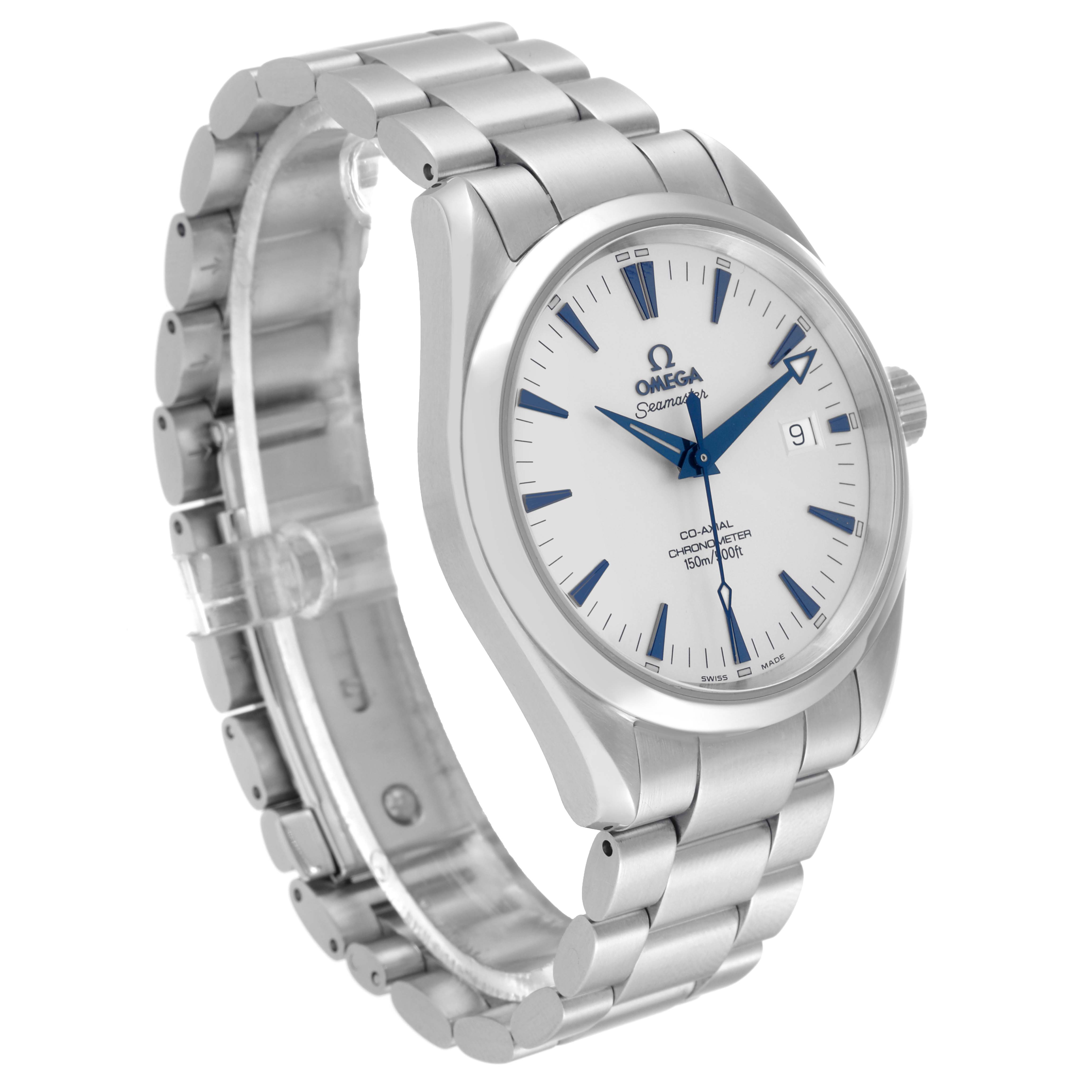 This Aqua Terra Omega watch is shown from a front-left angle, displaying the watch face and bracelet.