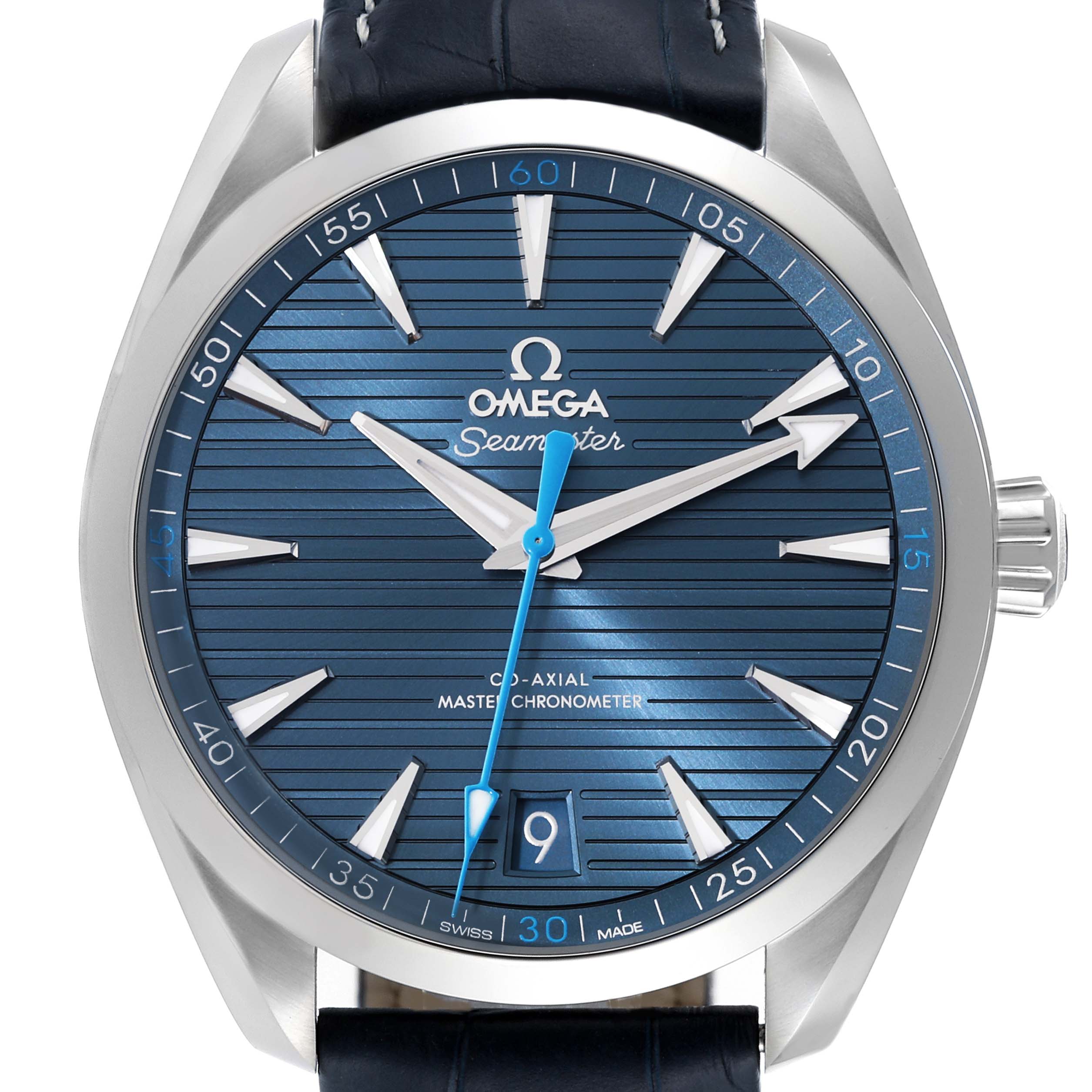 The image shows a frontal view of the Omega Aqua Terra 220.13.41.21.03.002 Men's Stainless Steel Blue Dial 220.13.41.21.03.002 Men's Stainless Steel Blue Dial watch, highlighting the dial, hands, hour markers, and date window.