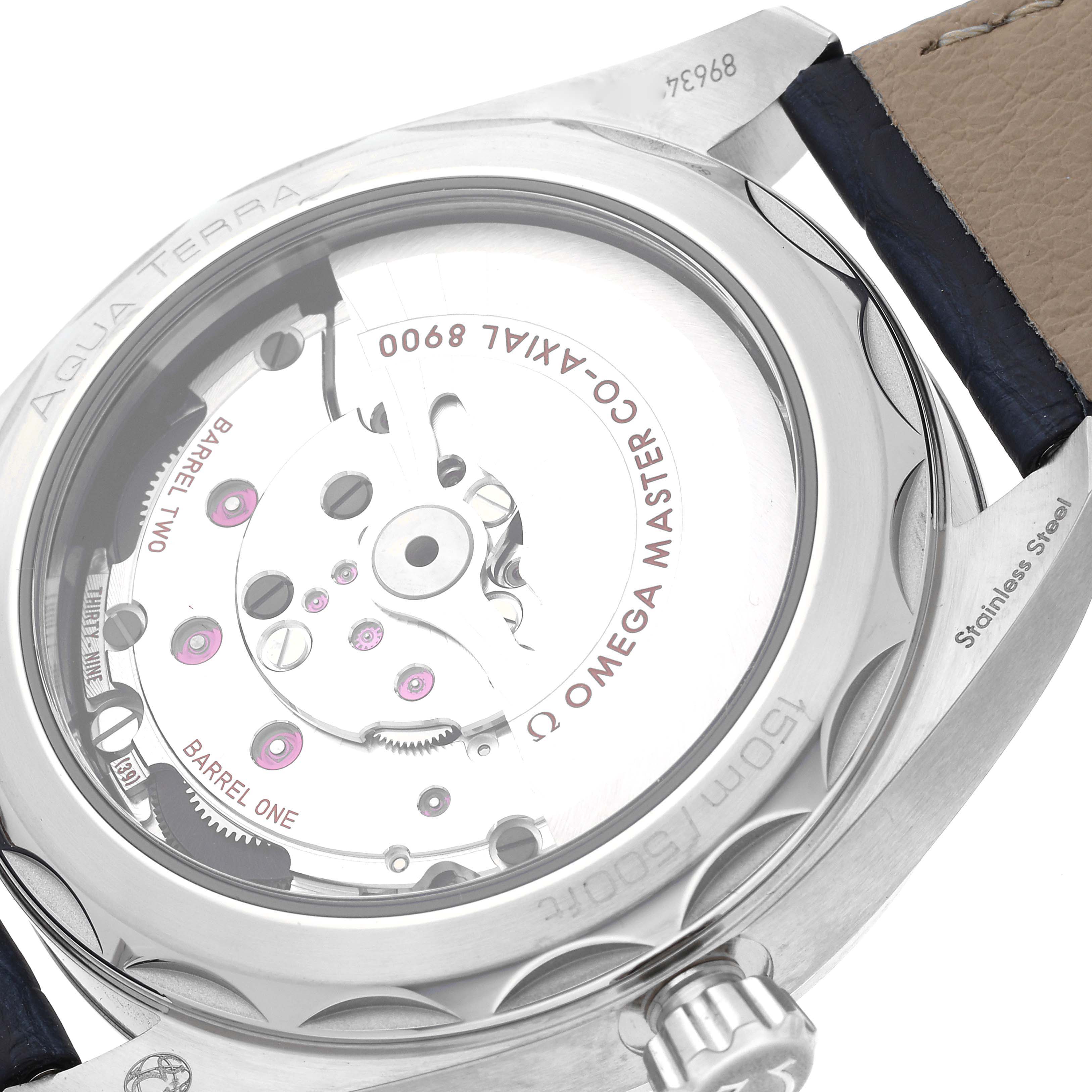 The image shows the back view of an Omega Aqua Terra 220.13.41.21.03.002 Men's Stainless Steel Blue Dial 220.13.41.21.03.002 Men's Stainless Steel Blue Dial watch, highlighting its movement and inner mechanisms.