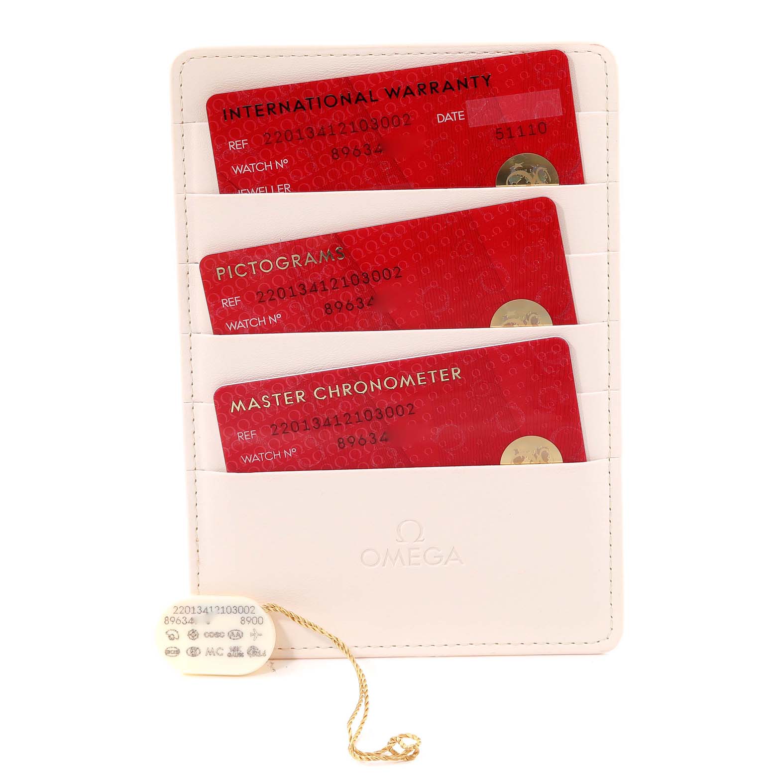 This image of the Omega Aqua Terra 220.13.41.21.03.002 Men's Stainless Steel Blue Dial 220.13.41.21.03.002 Men's Stainless Steel Blue Dial model shows its warranty cards and a tag containing reference details.