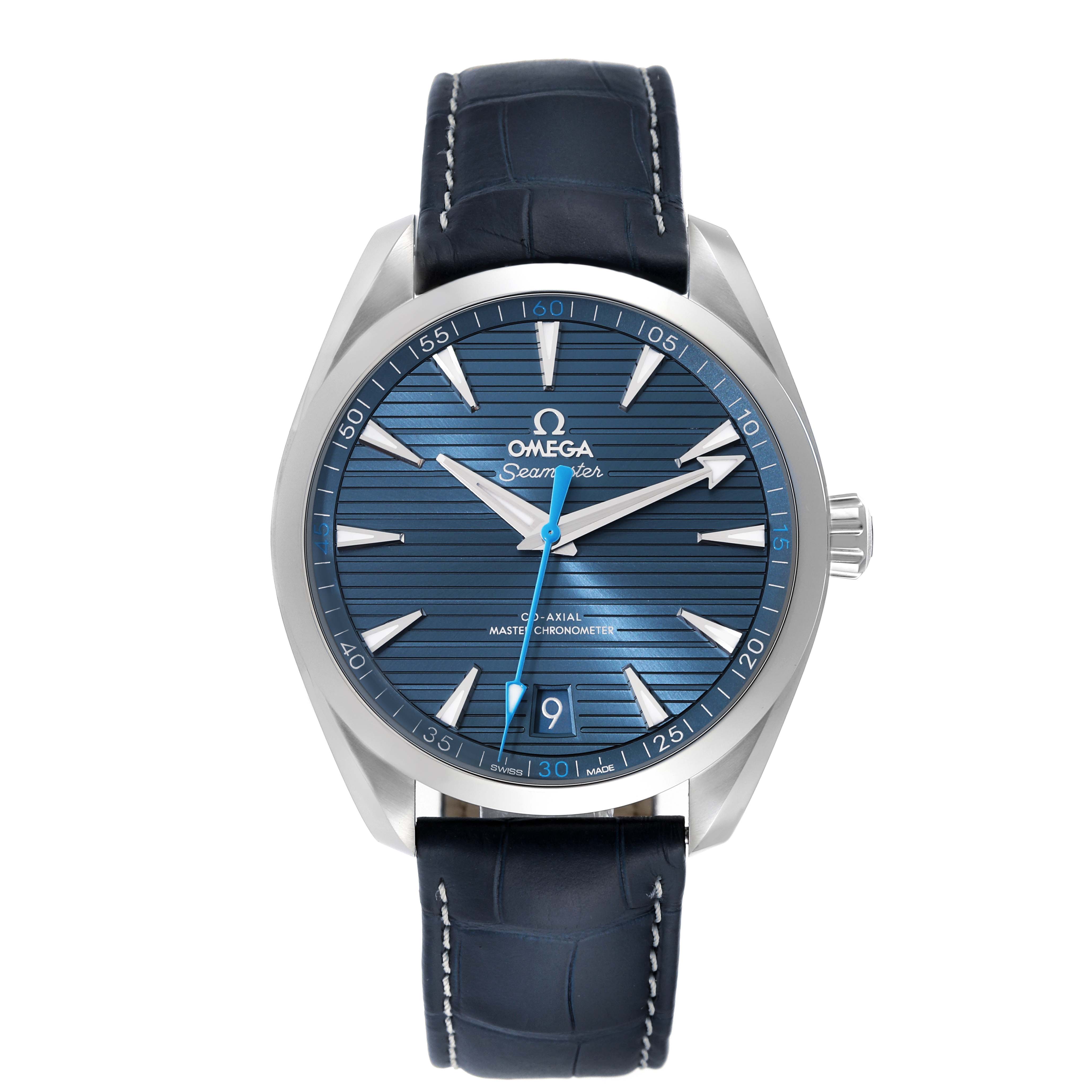 The Omega Aqua Terra 220.13.41.21.03.002 Men's Stainless Steel Blue Dial 220.13.41.21.03.002 Men's Stainless Steel Blue Dial watch is shown from a front angle, displaying its blue dial, leather strap, and silver case.