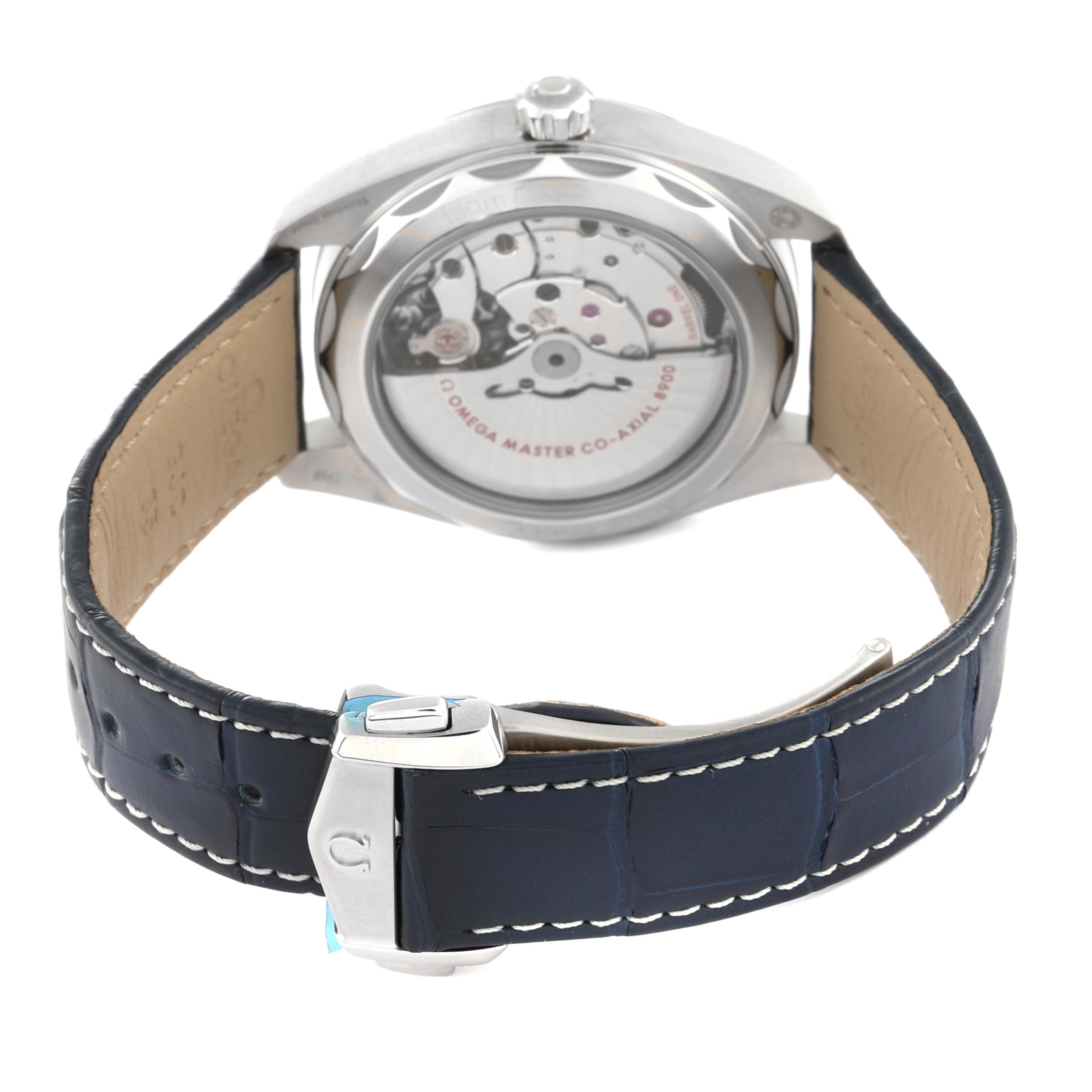 The image shows the back view of the Omega Aqua Terra 220.13.41.21.03.002 Men's Stainless Steel Blue Dial 220.13.41.21.03.002 Men's Stainless Steel Blue Dial watch, displaying its transparent case back and blue leather strap.