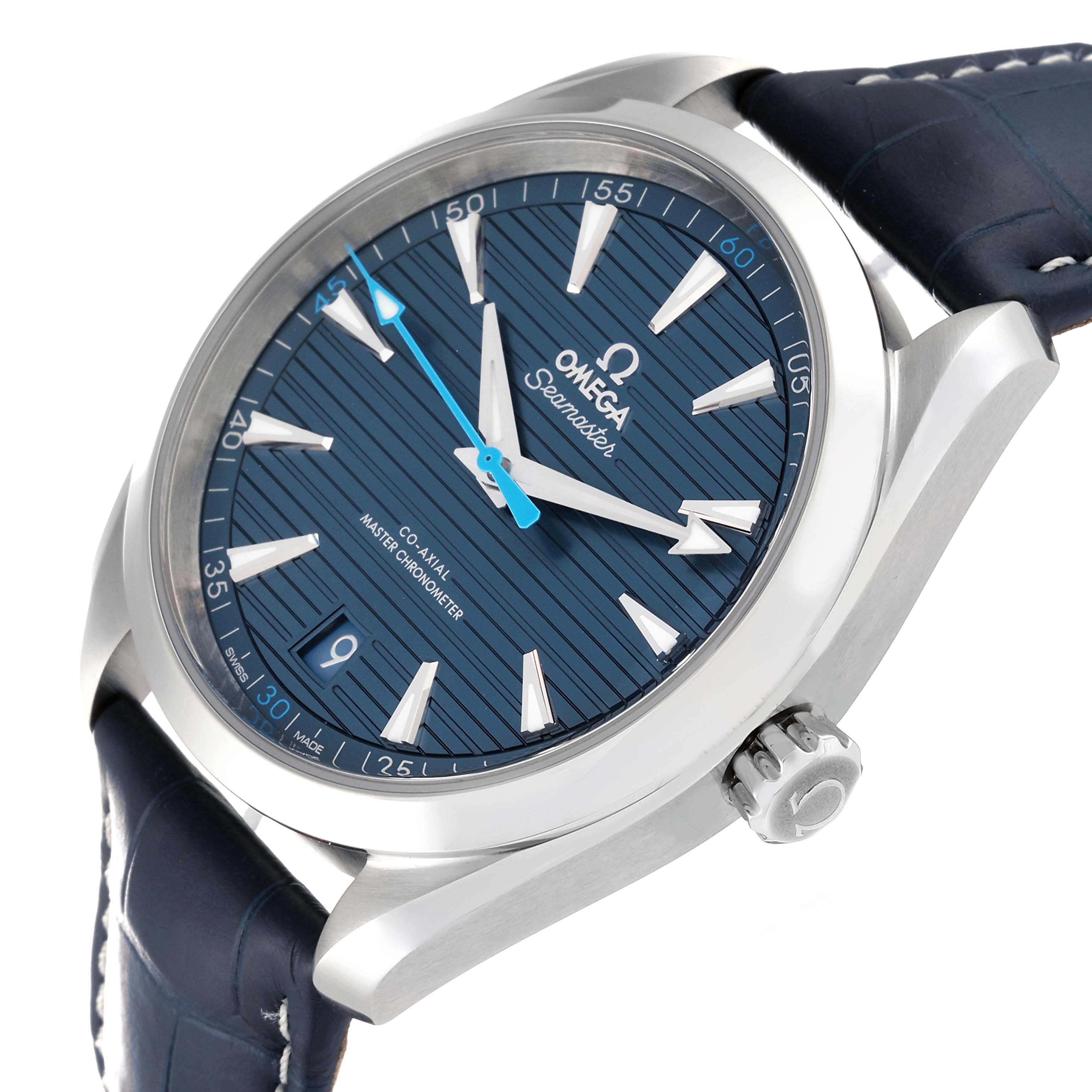 The image shows the Omega Aqua Terra 220.13.41.21.03.002 Men's Stainless Steel Blue Dial 220.13.41.21.03.002 Men's Stainless Steel Blue Dial watch at a slight angle, highlighting the blue dial, case, crown, and part of the strap.