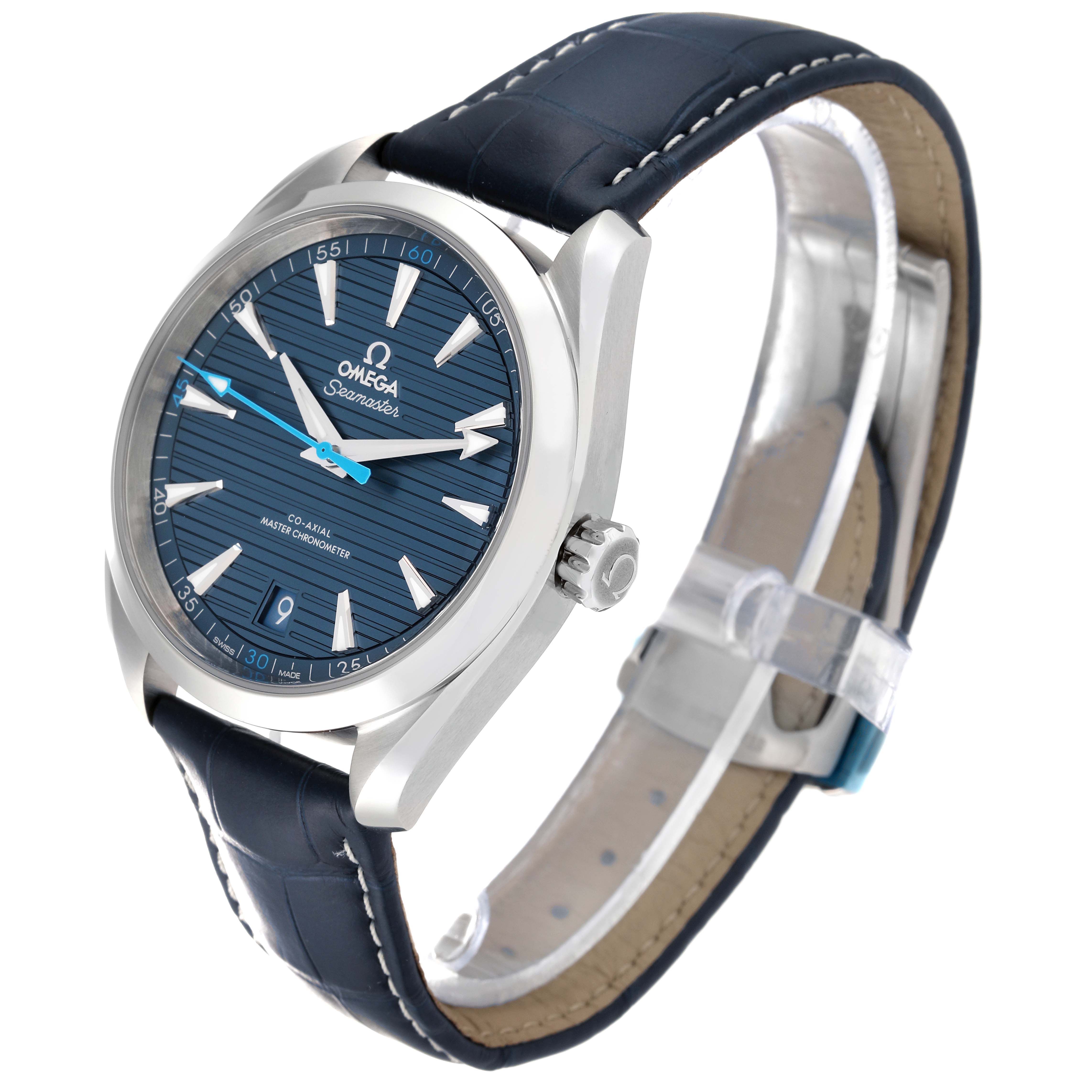 The image shows an Omega Aqua Terra 220.13.41.21.03.002 Men's Stainless Steel Blue Dial 220.13.41.21.03.002 Men's Stainless Steel Blue Dial watch with a blue dial, silver casing, and a blue leather strap at a three-quarter angle.