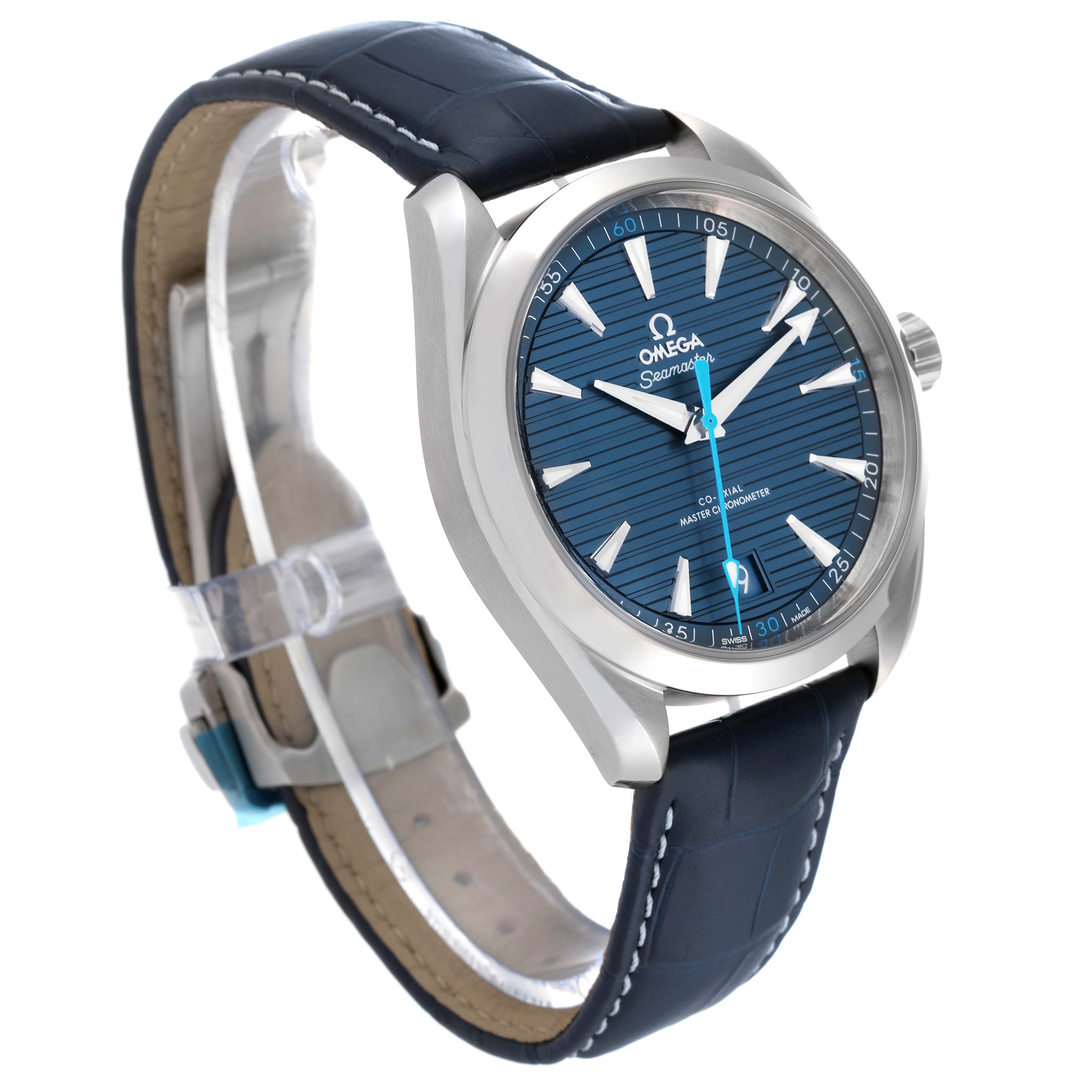 The image shows an Omega Aqua Terra 220.13.41.21.03.002 Men's Stainless Steel Blue Dial 220.13.41.21.03.002 Men's Stainless Steel Blue Dial watch at a three-quarter angle, highlighting its blue dial, case, and leather strap.
