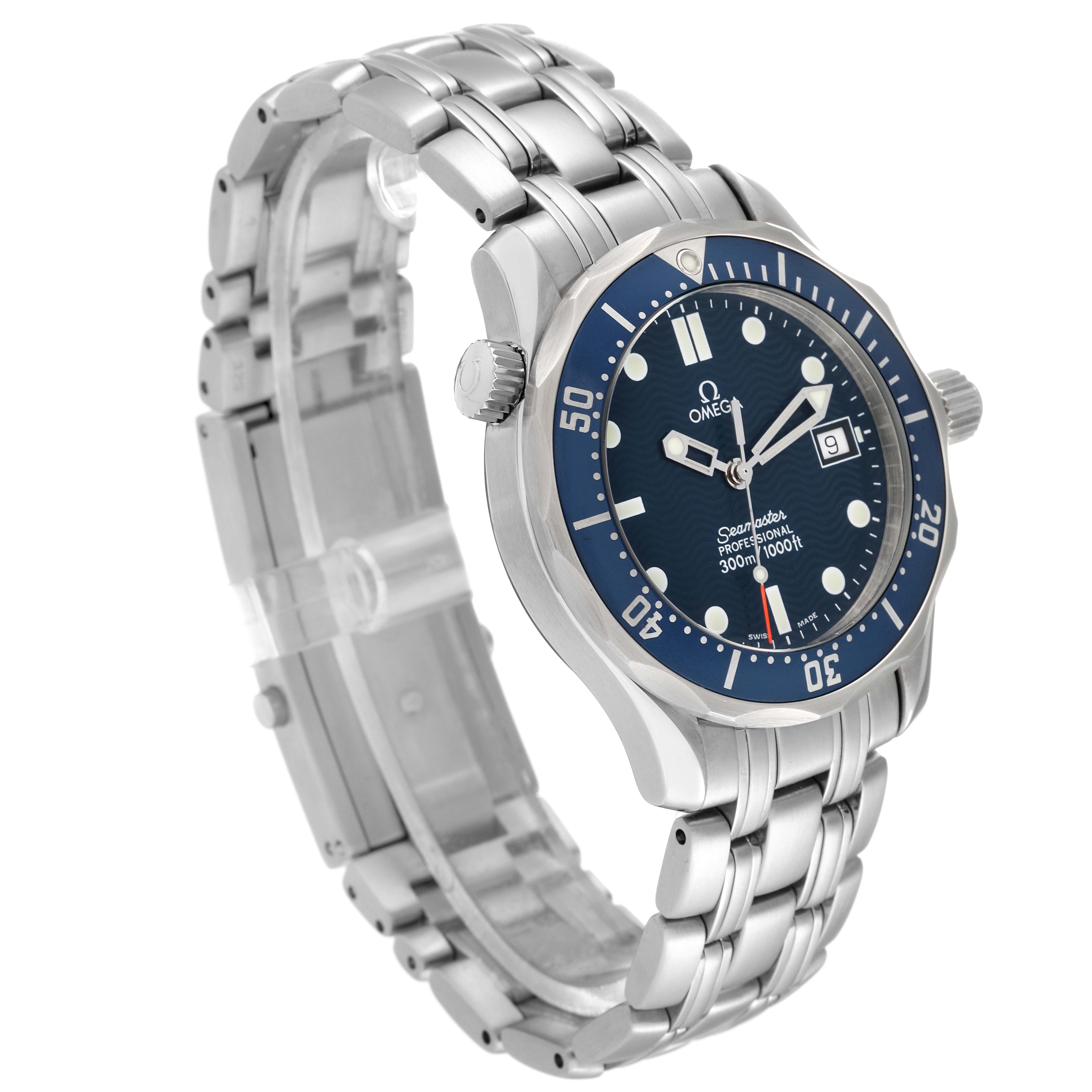The Omega Seamaster 2561.80.00 Men
s Stainless Steel Blue Dial 2561.80.00 Men
s Stainless Steel Blue Dial watch is shown at a slight left angle, displaying its face, bezel, crown, and metal bracelet.