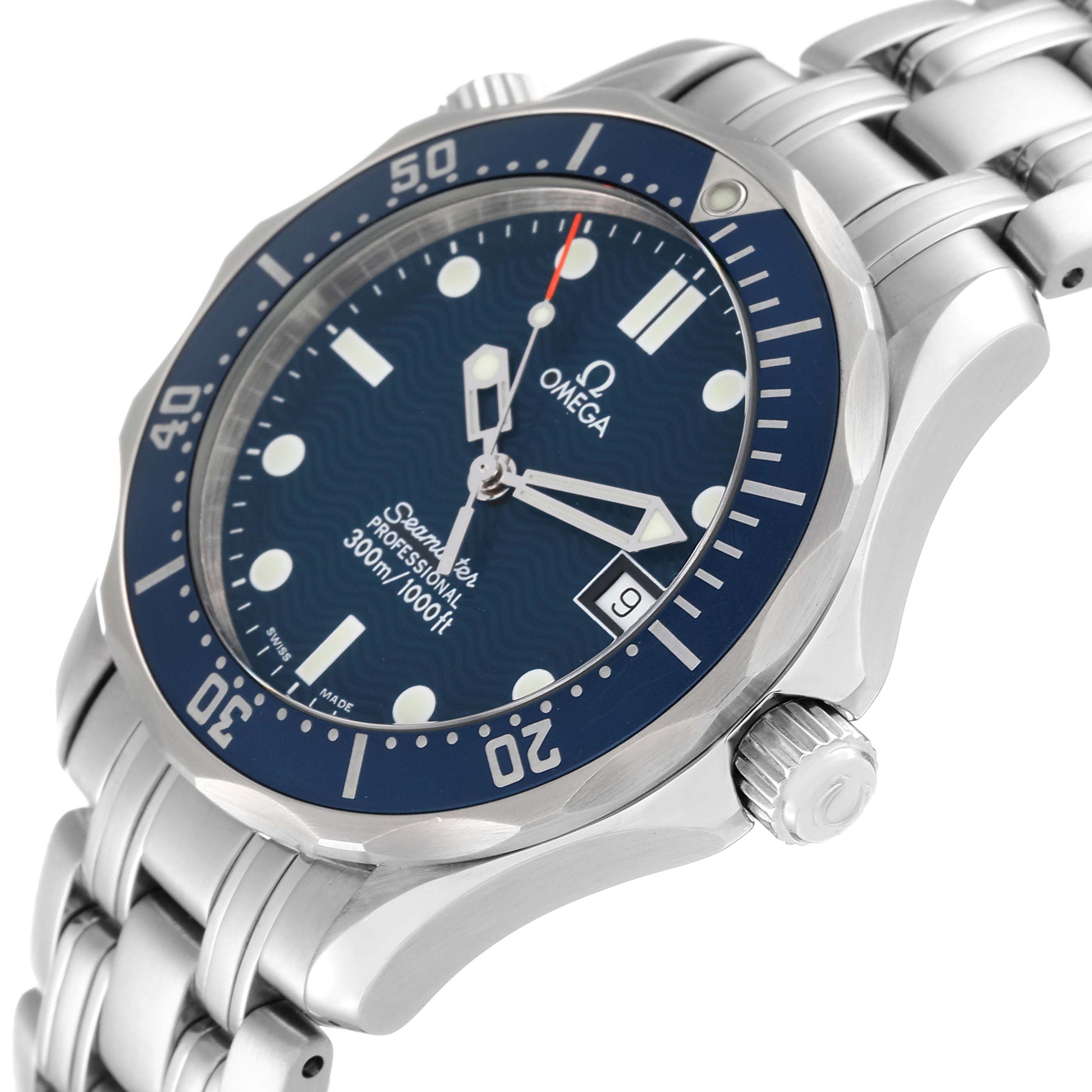 The image shows an angled view of the Omega Seamaster 2561.80.00 Men
s Stainless Steel Blue Dial 2561.80.00 Men
s Stainless Steel Blue Dial watch, highlighting the bezel, dial, crown, and part of the bracelet.