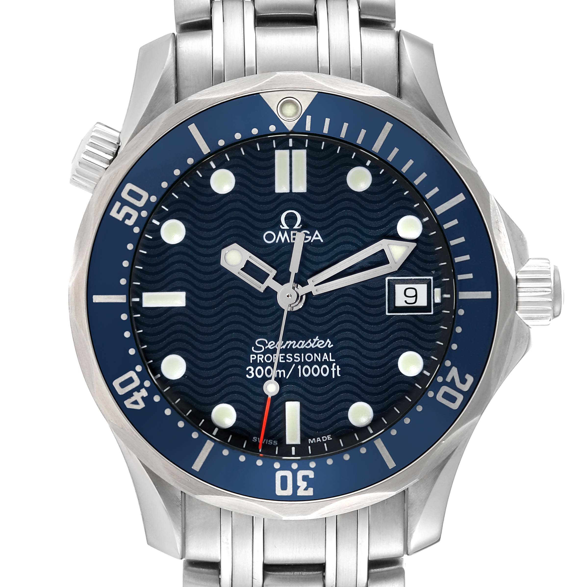 This Omega Seamaster 2561.80.00 Men
s Stainless Steel Blue Dial 2561.80.00 Men
s Stainless Steel Blue Dial watch is shown from a front angle, displaying its dial, bezel, hands, and part of its bracelet.