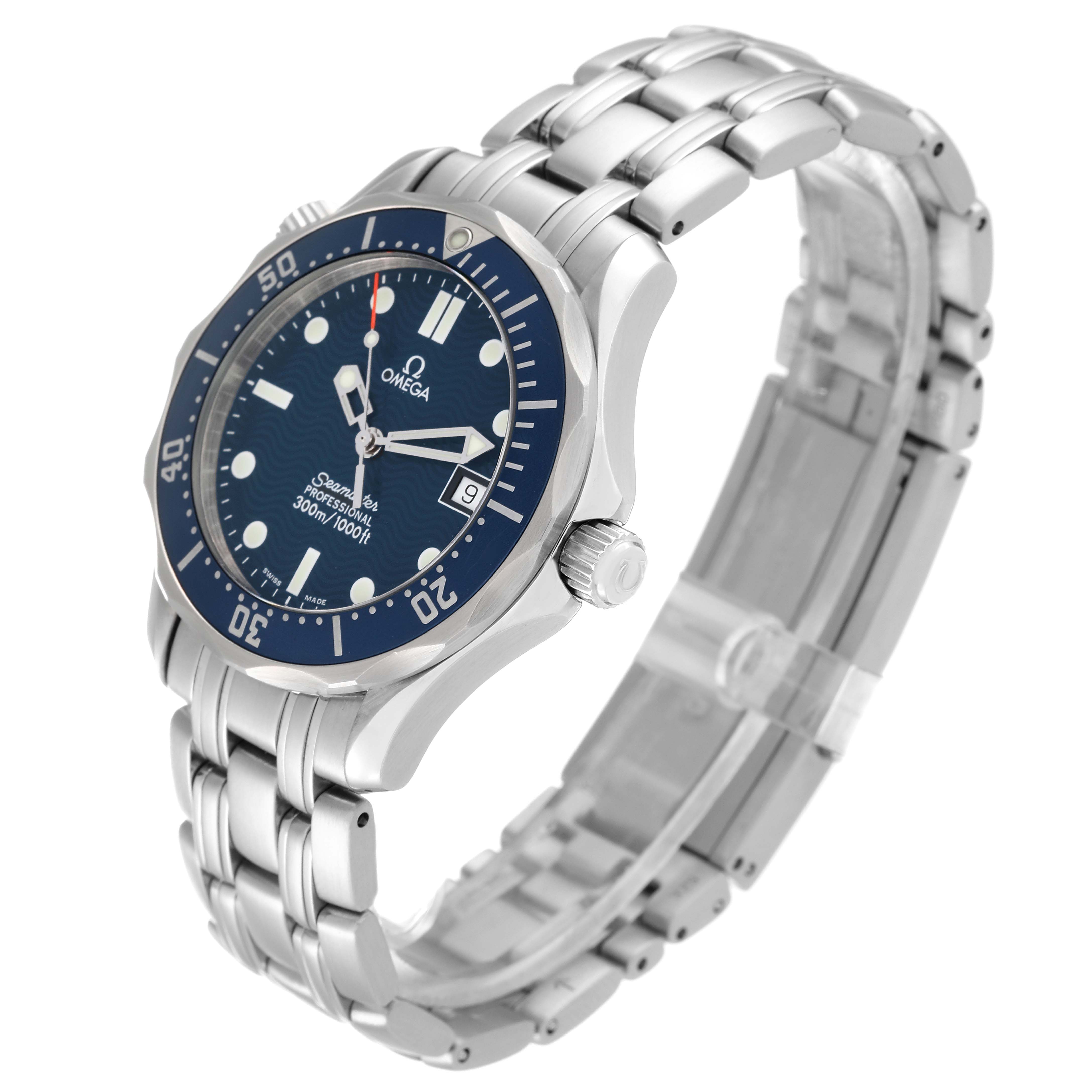 The Omega Seamaster 2561.80.00 Men
s Stainless Steel Blue Dial 2561.80.00 Men
s Stainless Steel Blue Dial watch is shown at a slight angle, displaying its face, bezel, crown, and bracelet.