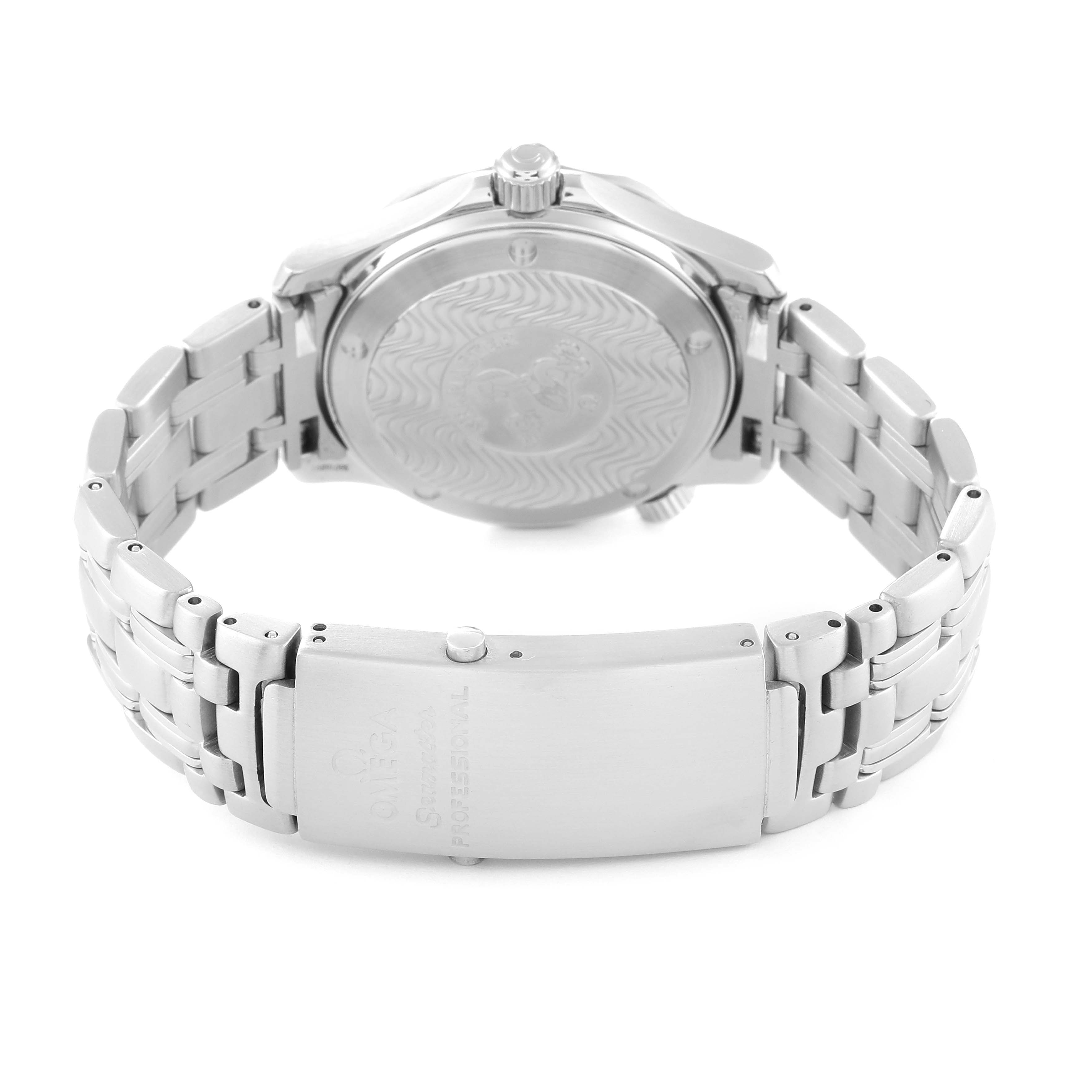 The image shows the back case, crown, and clasp of an Omega Seamaster 2561.80.00 Men
s Stainless Steel Blue Dial 2561.80.00 Men
s Stainless Steel Blue Dial watch from a rear angle.