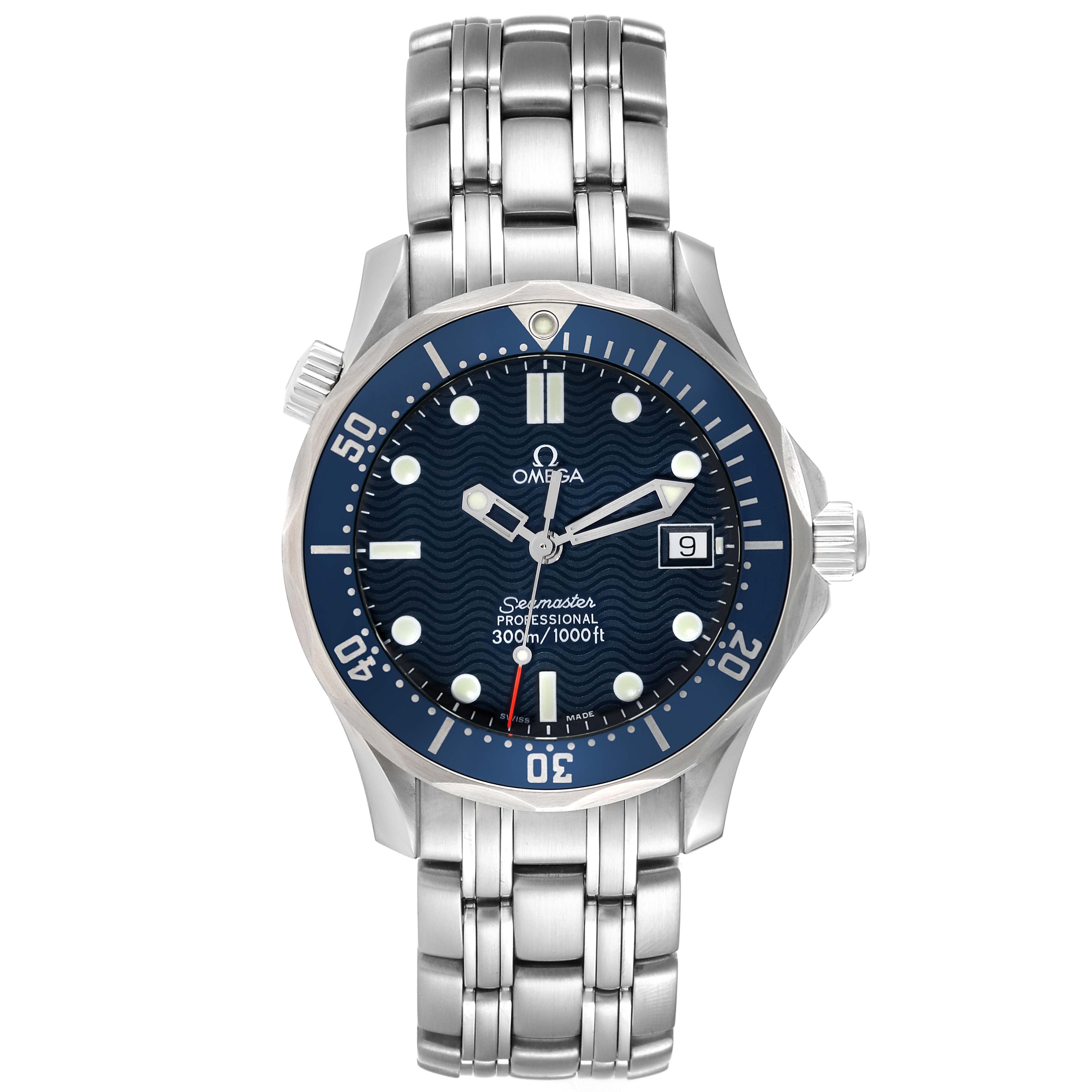 The Omega Seamaster 2561.80.00 Men
s Stainless Steel Blue Dial 2561.80.00 Men
s Stainless Steel Blue Dial watch is shown from the front, highlighting its face, bezel, and stainless steel bracelet.