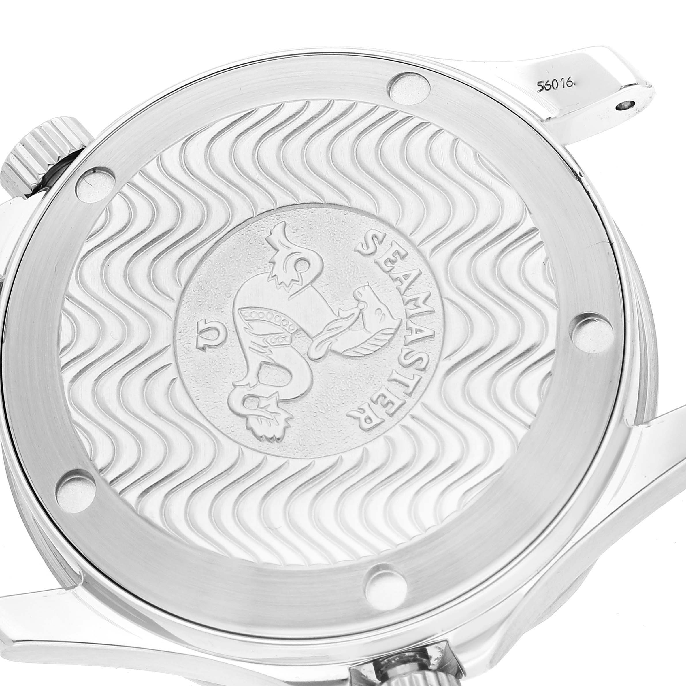 This image shows the back case of the Omega Seamaster 2561.80.00 Men
s Stainless Steel Blue Dial 2561.80.00 Men
s Stainless Steel Blue Dial watch, featuring the engraved logo and wave pattern.