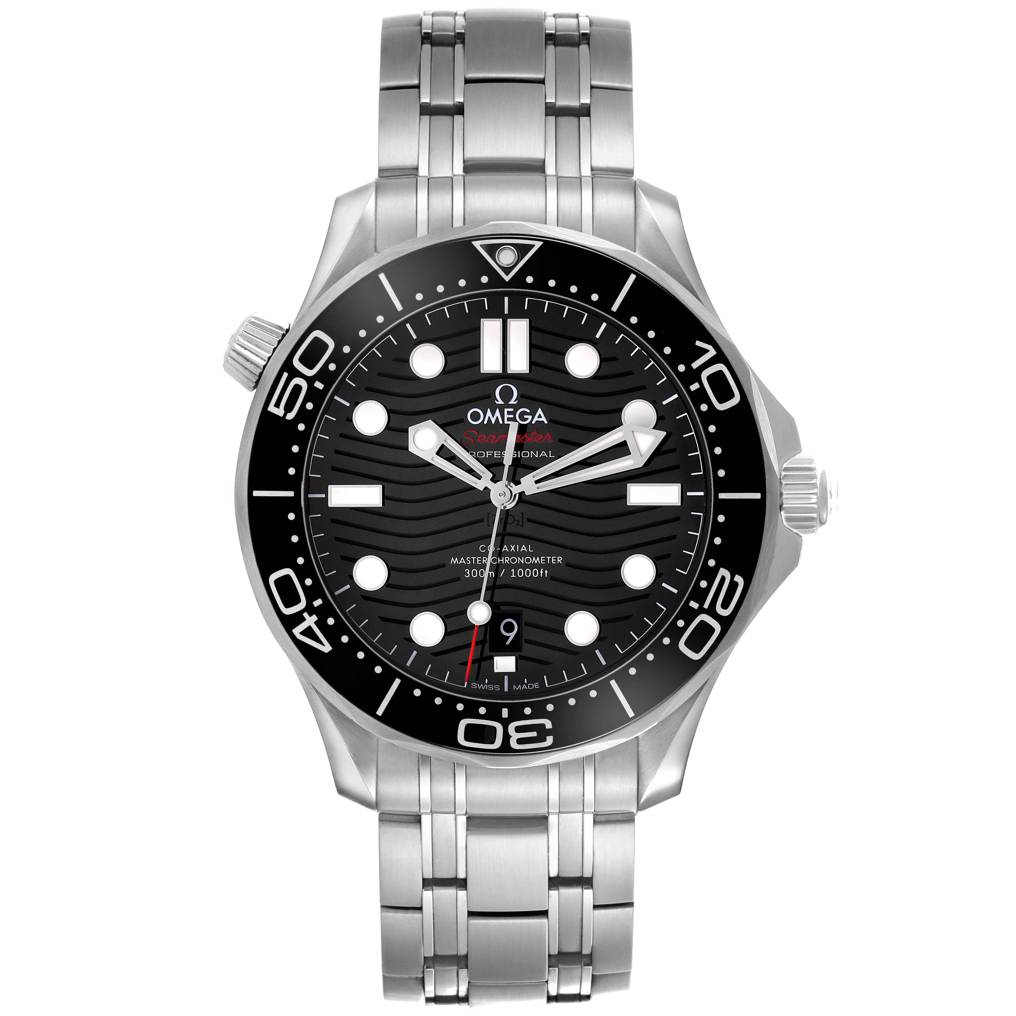 The Omega Seamaster 210.30.42.20.01.001 Men's Stainless Steel Black Dial watch is shown from a front angle, highlighting the dial, bezel, and bracelet.