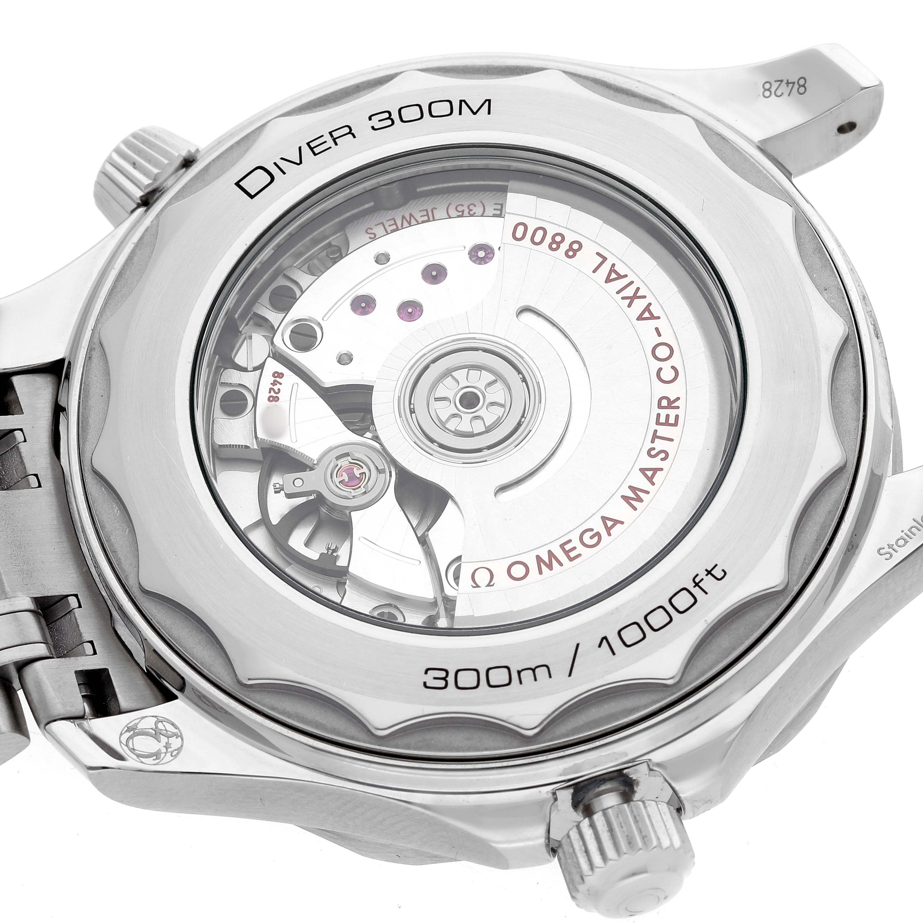 The Omega Seamaster 210.30.42.20.01.001 Men's Stainless Steel Black Dial watch is shown from the back, displaying its transparent case back and movement mechanism.