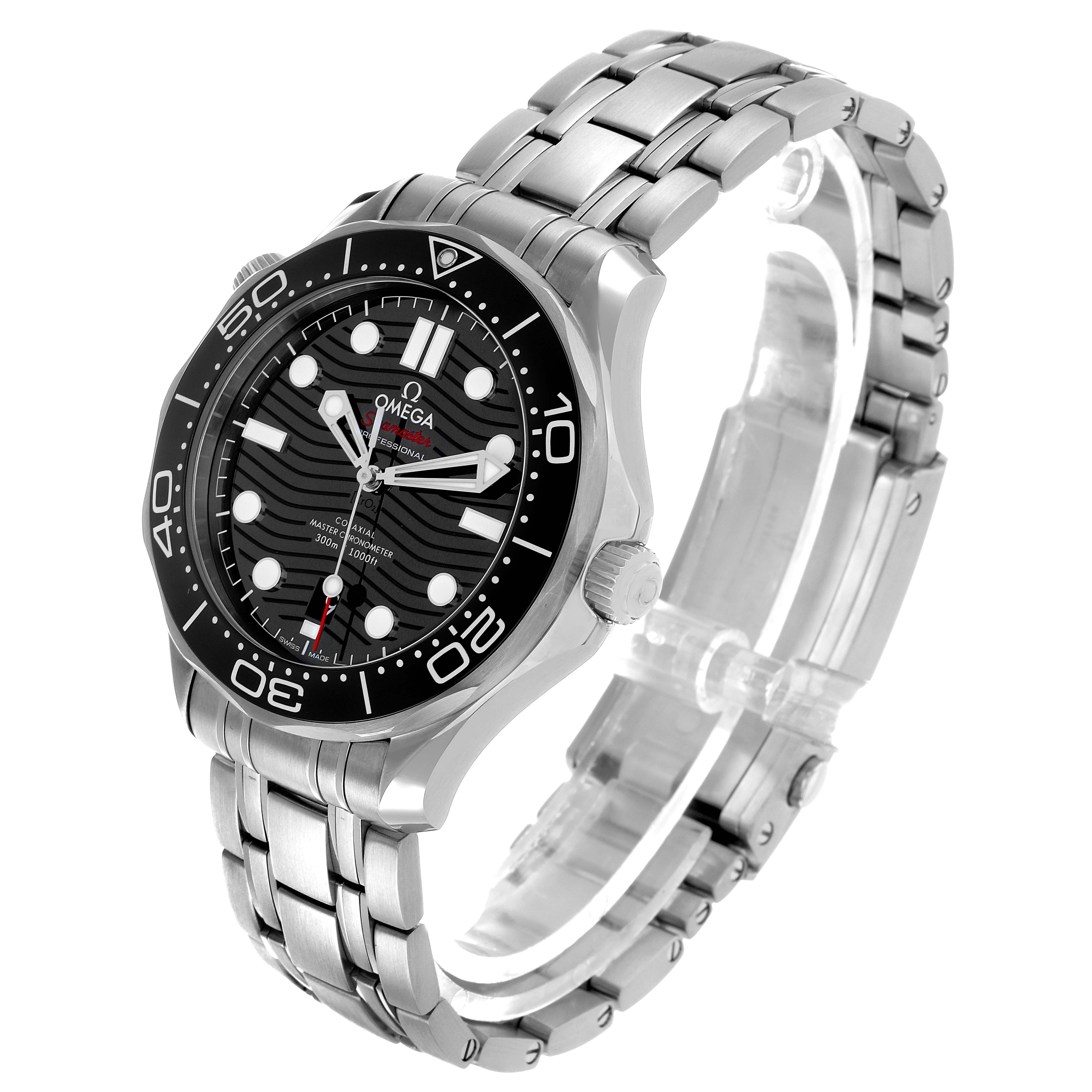 The Omega Seamaster 210.30.42.20.01.001 Men's Stainless Steel Black Dial watch is shown from a front angle displaying the face, bezel, crown, and stainless steel bracelet.