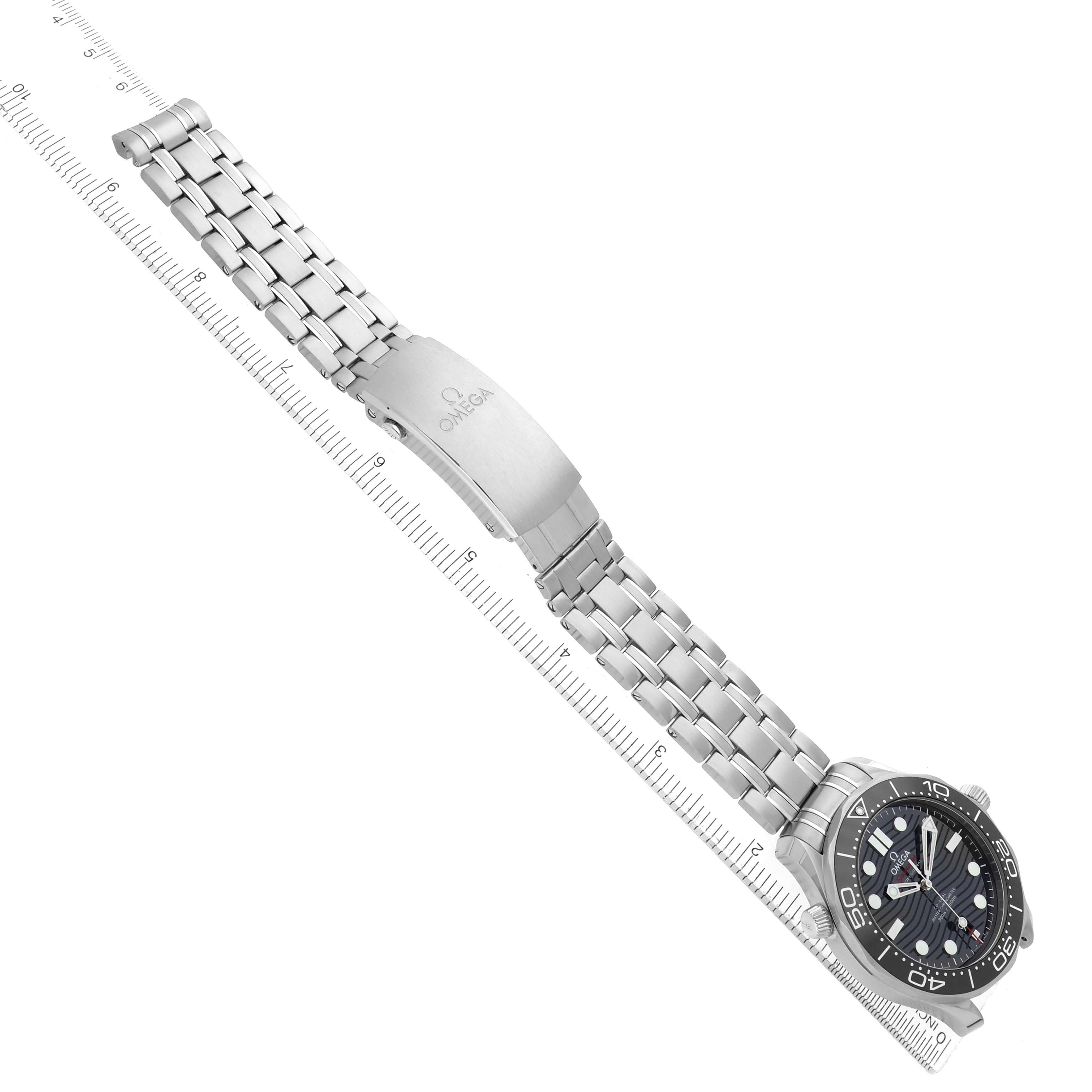 The Omega Seamaster 210.30.42.20.01.001 Men's Stainless Steel Black Dial watch is shown at a slight angle, displaying its face and full bracelet, with a clasp marked "Omega" visible.