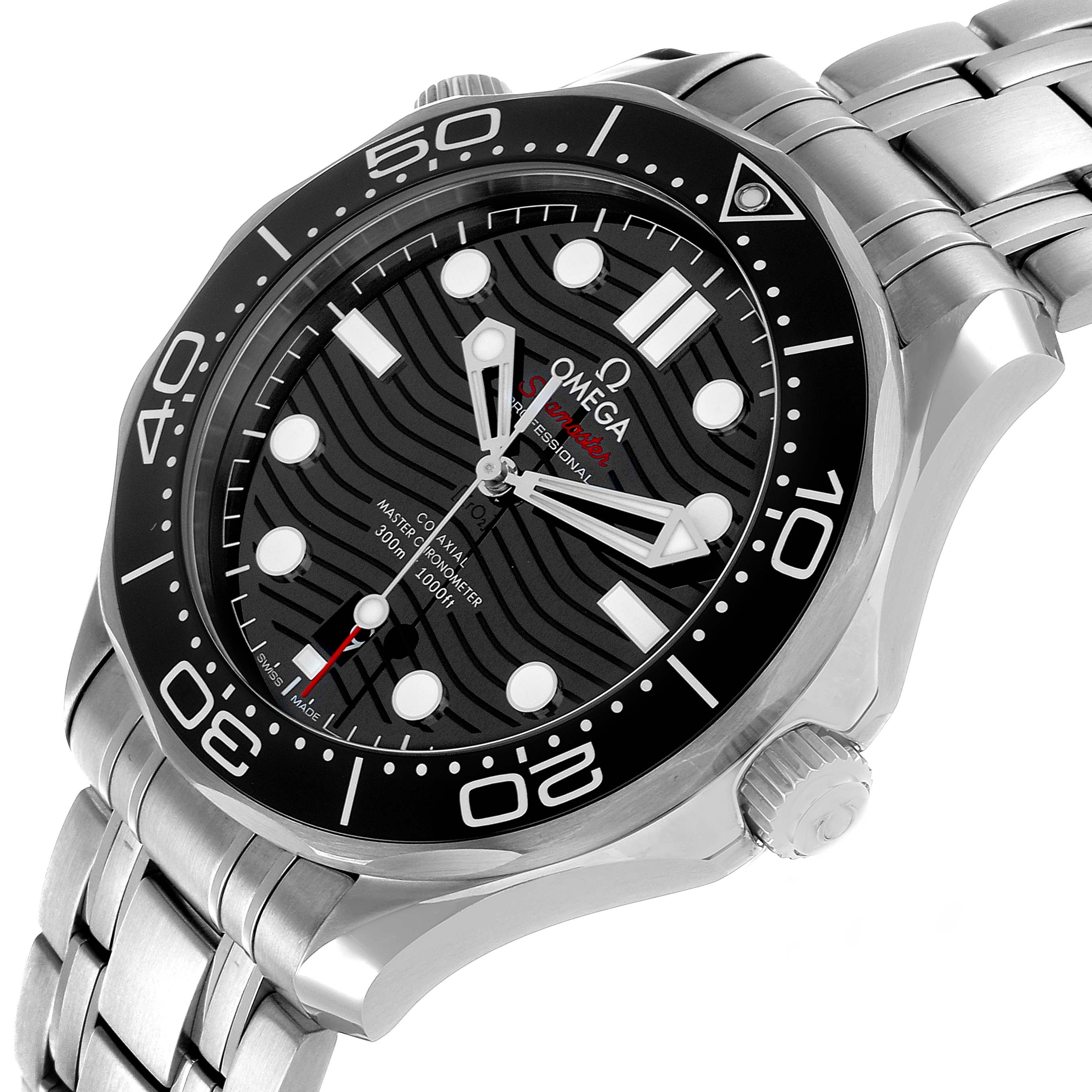 The Omega Seamaster 210.30.42.20.01.001 Men's Stainless Steel Black Dial watch is shown at an angle displaying its face, bezel, crown, and part of the bracelet.