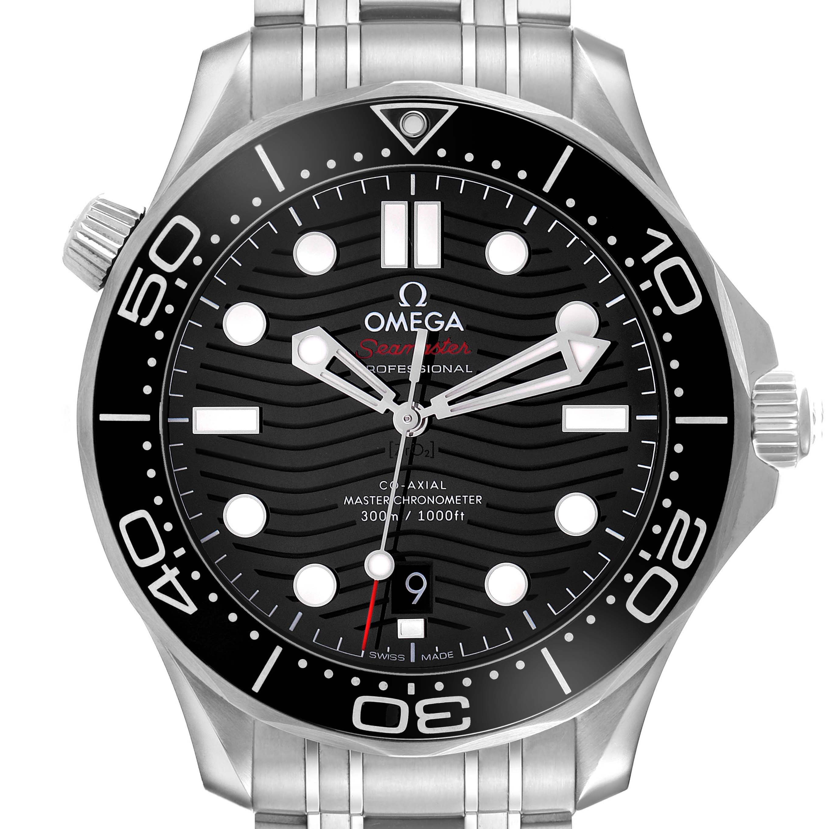 The Omega Seamaster 210.30.42.20.01.001 Men's Stainless Steel Black Dial watch is shown from the front, highlighting the dial, bezel, and part of the stainless steel bracelet.