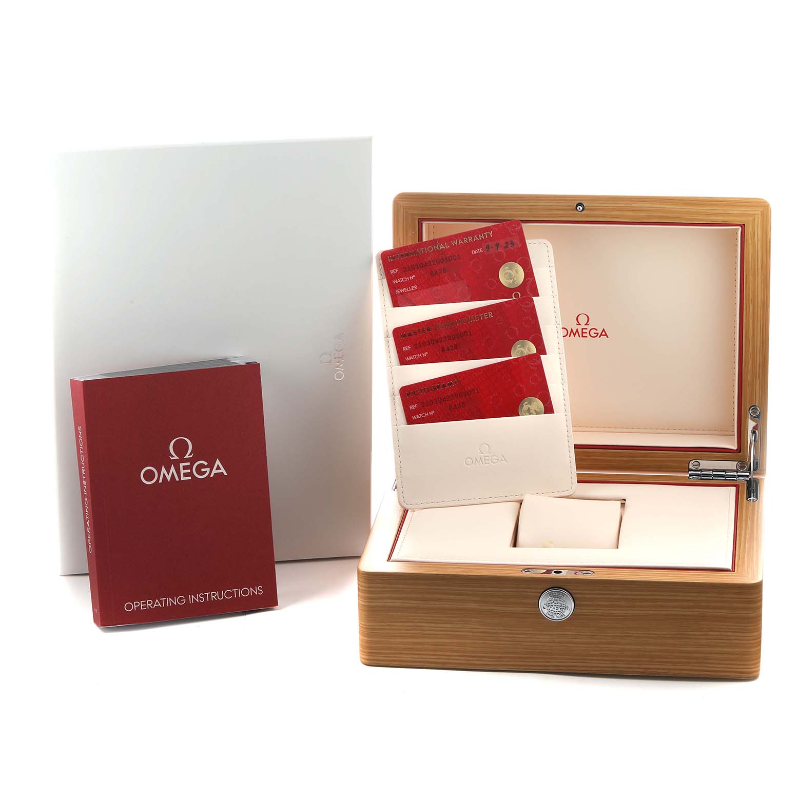 The image shows a wooden Omega Seamaster 210.30.42.20.01.001 Men's Stainless Steel Black Dial watch box, red warranty cards, and an instruction booklet.