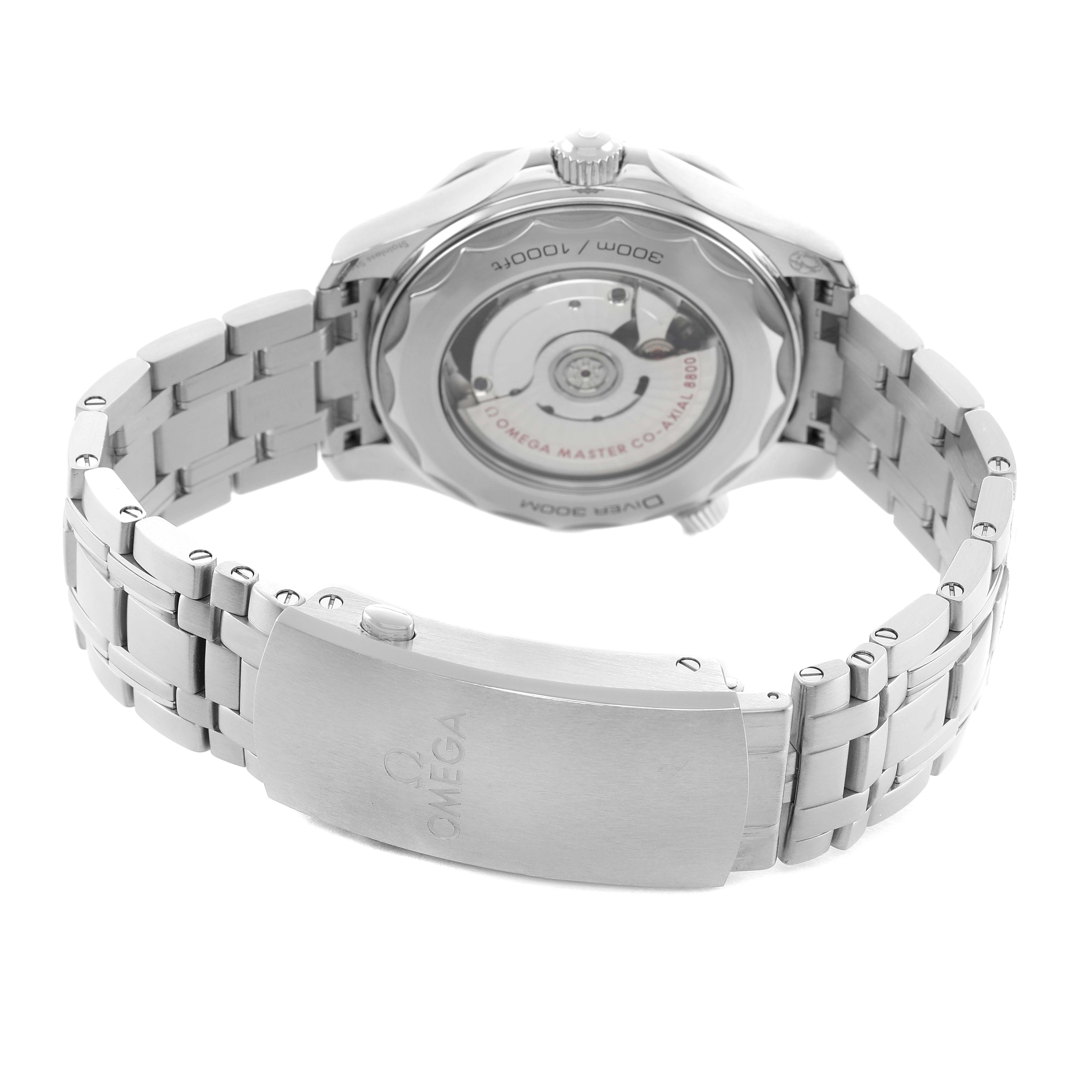 The Omega Seamaster 210.30.42.20.01.001 Men's Stainless Steel Black Dial watch is shown from the back, highlighting the case back and metal bracelet with the brand clasp.