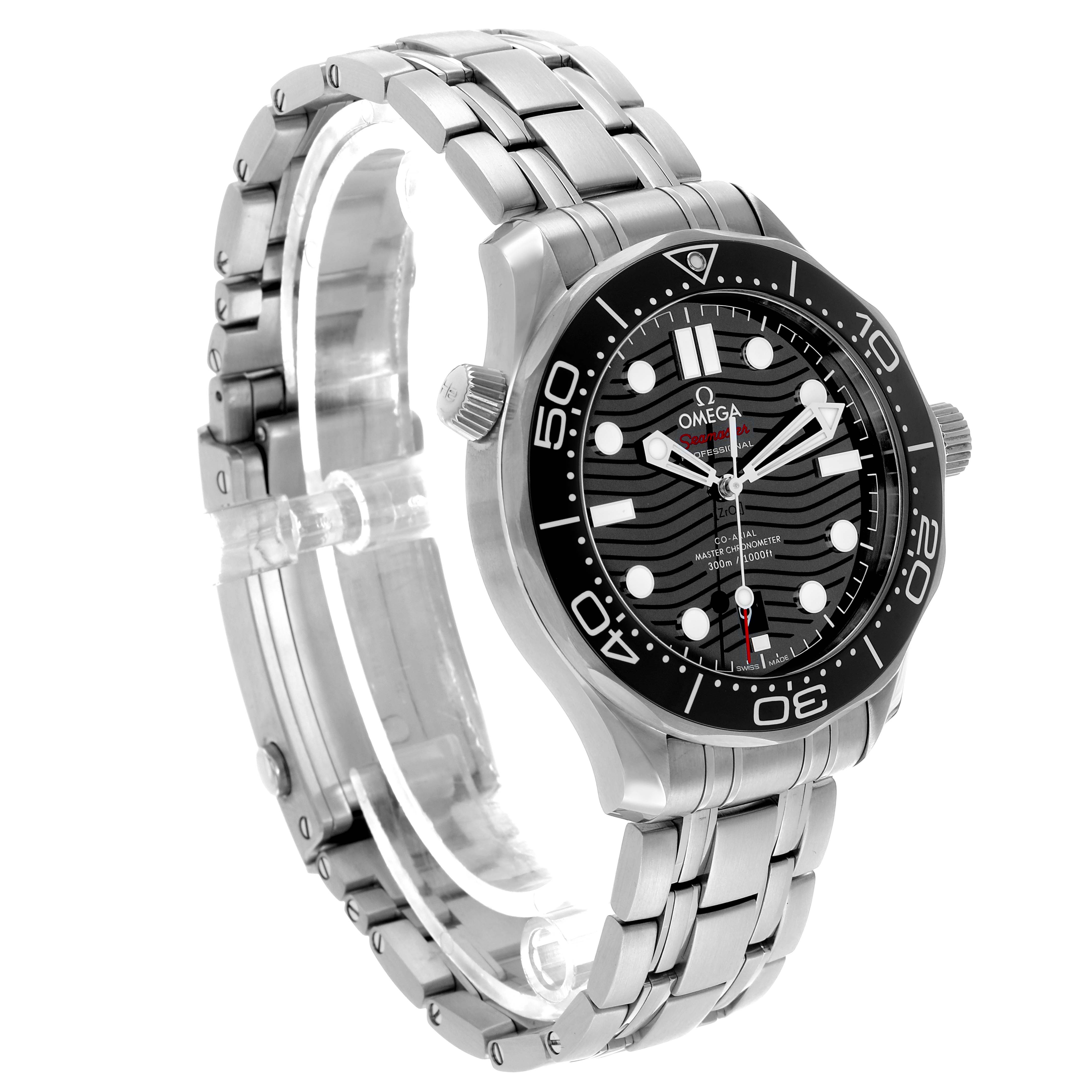 The Omega Seamaster 210.30.42.20.01.001 Men's Stainless Steel Black Dial watch is shown at a three-quarter angle, displaying the face, bezel, case, and metal bracelet.