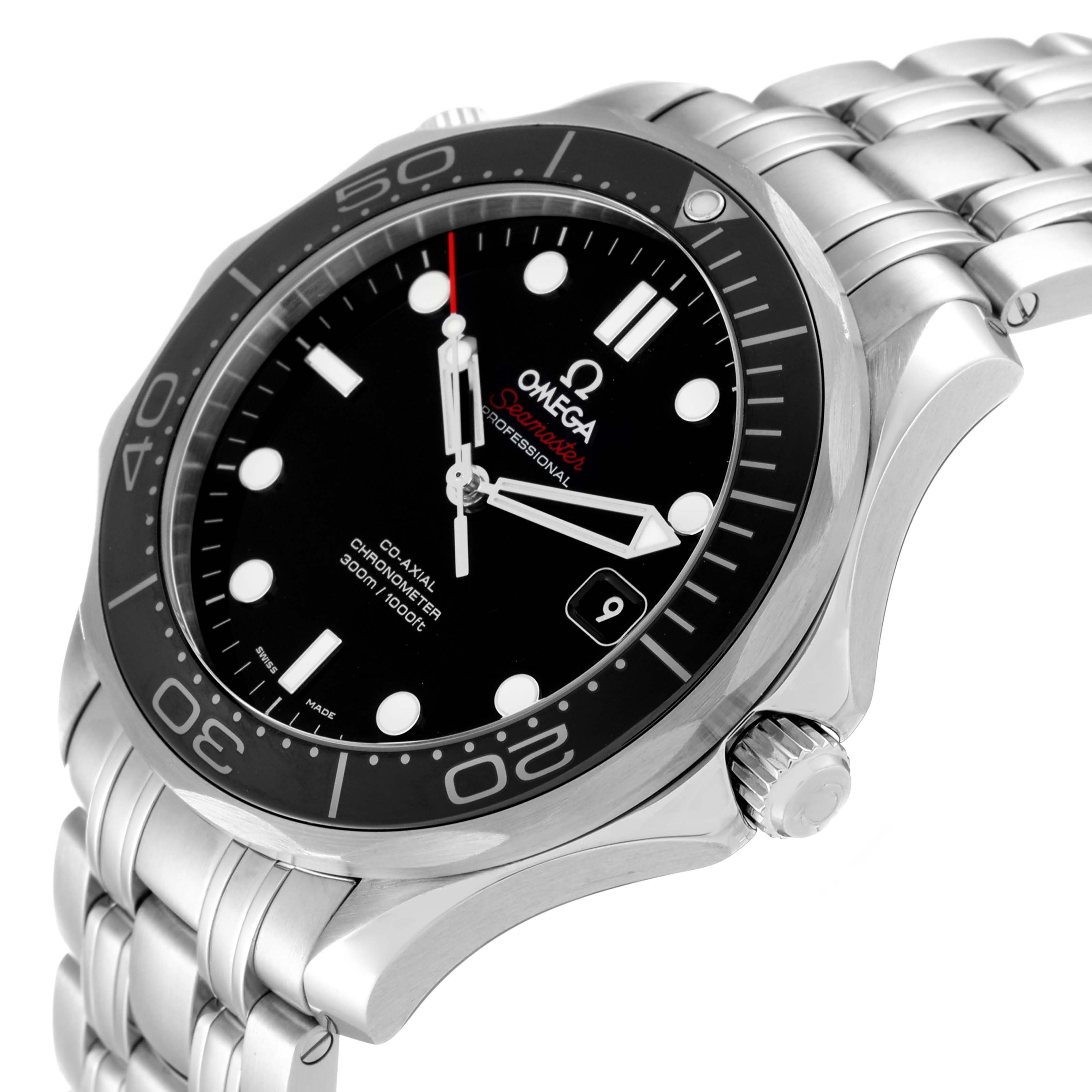 This image shows an Omega Seamaster 212.30.41.20.01.003 Men
s Stainless Steel Black Dial 212.30.41.20.01.003 Men
s Stainless Steel Black Dial watch angled from the right side, highlighting the crown, bezel, dial, and bracelet.