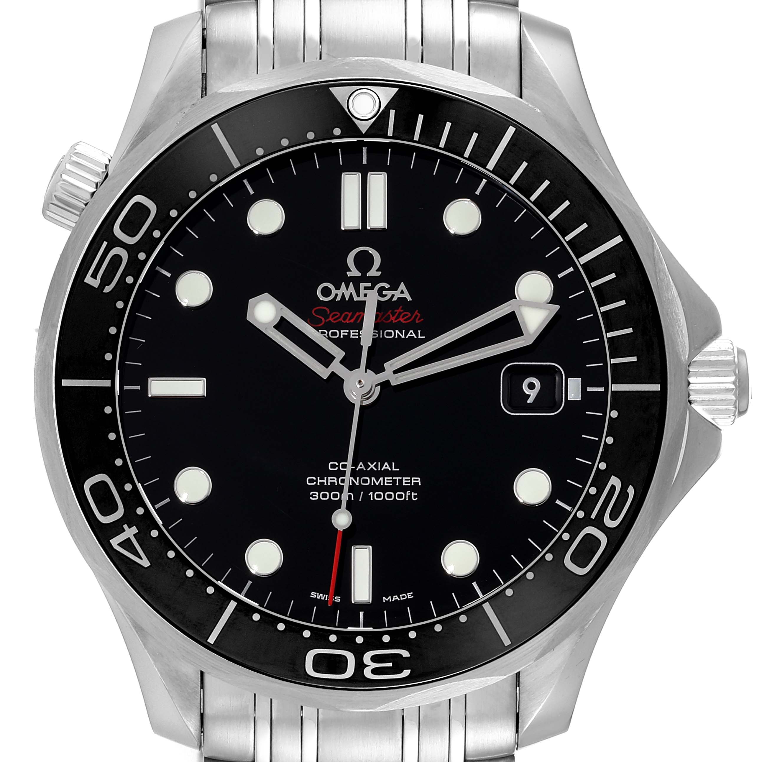 The image shows a front view of the Omega Seamaster 212.30.41.20.01.003 Men
s Stainless Steel Black Dial 212.30.41.20.01.003 Men
s Stainless Steel Black Dial watch, displaying its bezel, dial, hands, markers, and date window.