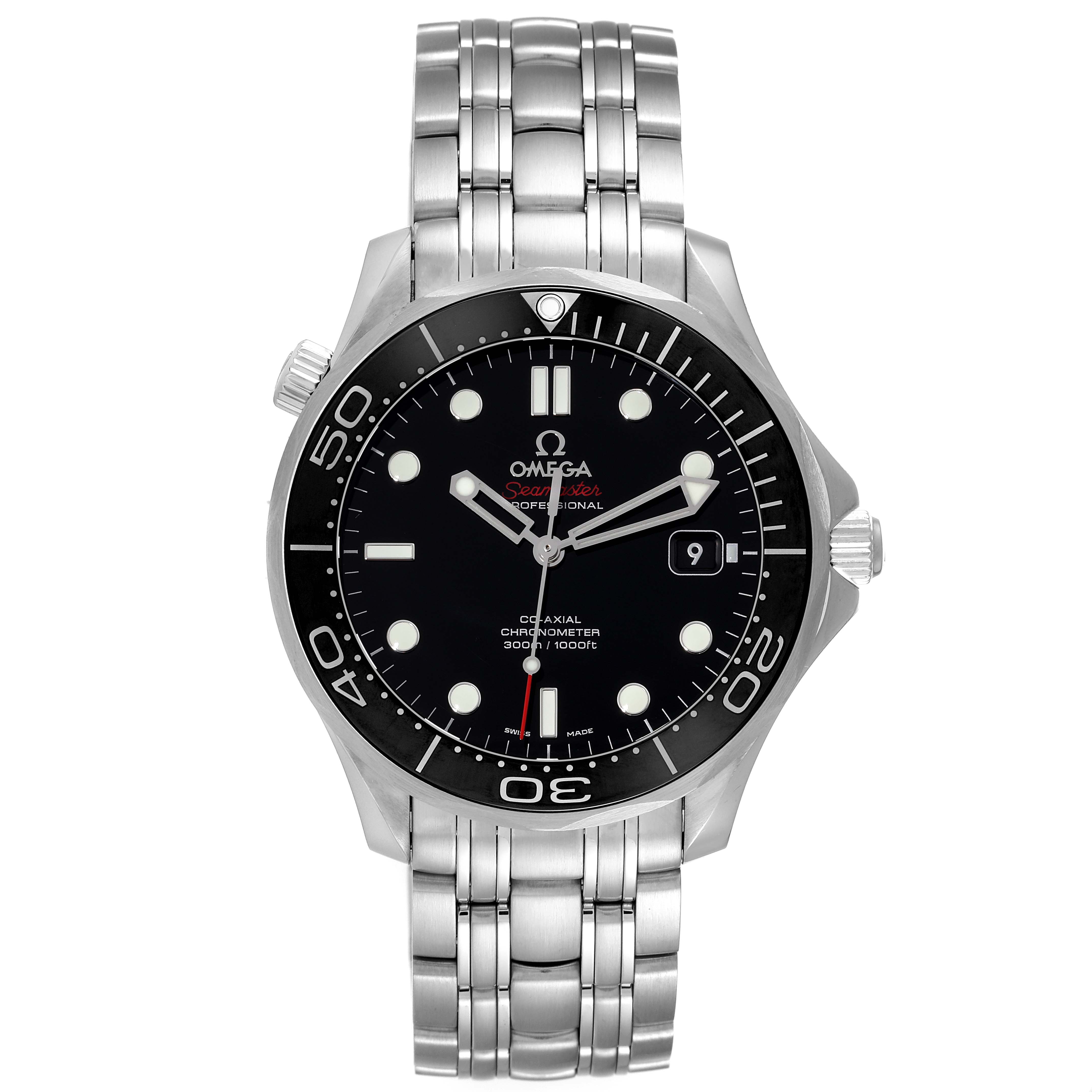 The Omega Seamaster 212.30.41.20.01.003 Men
s Stainless Steel Black Dial 212.30.41.20.01.003 Men
s Stainless Steel Black Dial watch is shown from a front angle, displaying its face, bezel, and metal bracelet.