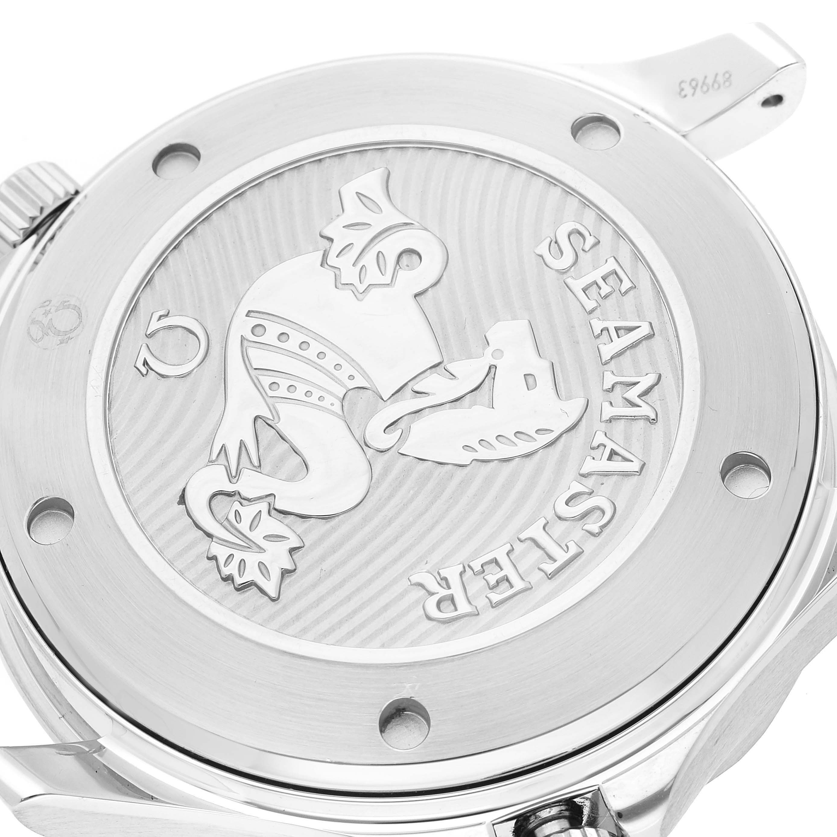 This image shows the stainless steel case back of an Omega Seamaster 212.30.41.20.01.003 Men
s Stainless Steel Black Dial 212.30.41.20.01.003 Men
s Stainless Steel Black Dial watch, featuring its engraved emblem.