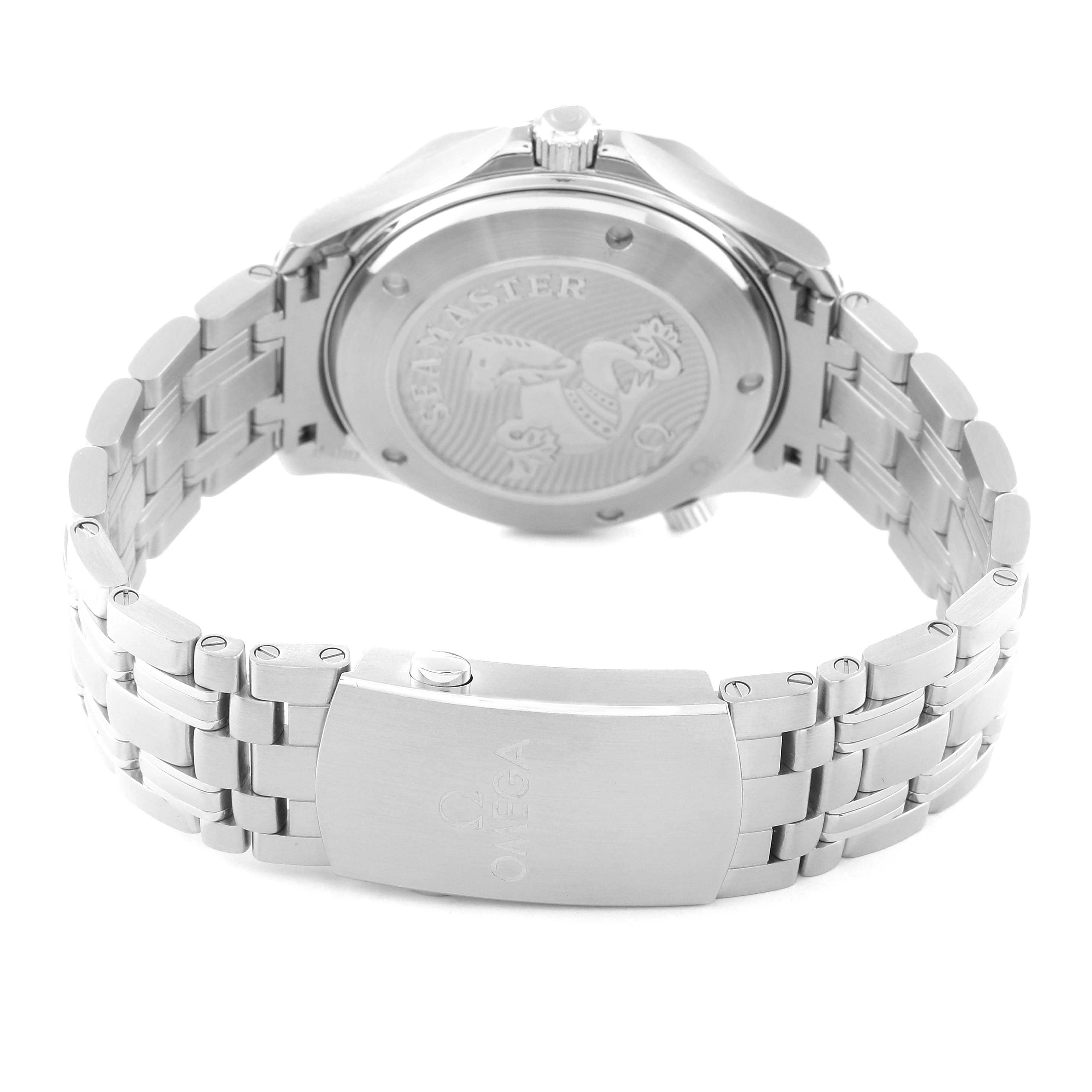 This image shows the back and bracelet clasp of an Omega Seamaster 212.30.41.20.01.003 Men
s Stainless Steel Black Dial 212.30.41.20.01.003 Men
s Stainless Steel Black Dial watch, highlighting its engraving and metal band.