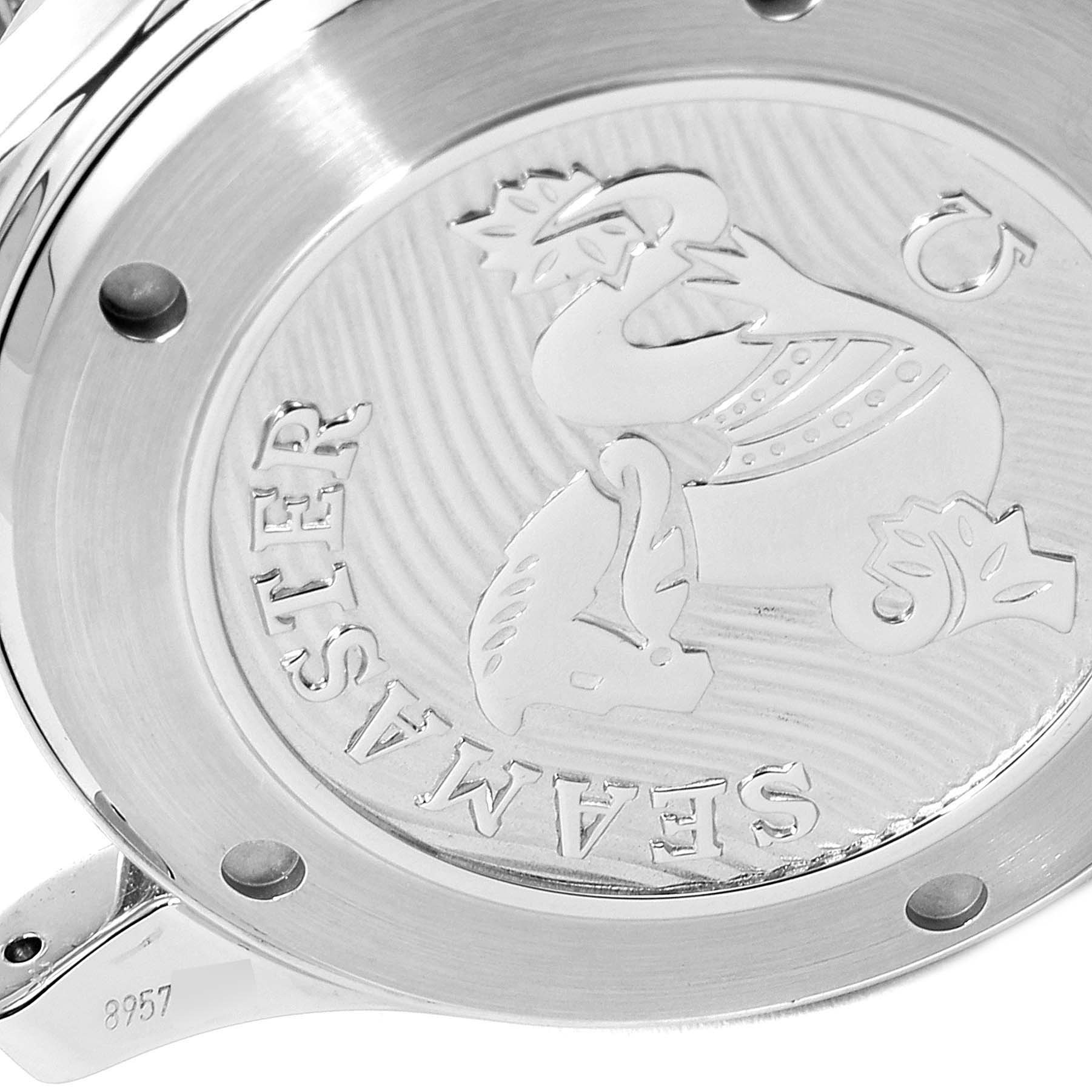 The image shows the engraved case back of an Omega Seamaster 212.30.41.20.03.001 Men's Stainless Steel Blue Dial 212.30.41.20.03.001 Men's Stainless Steel Blue Dial watch viewed from a close-up angle.