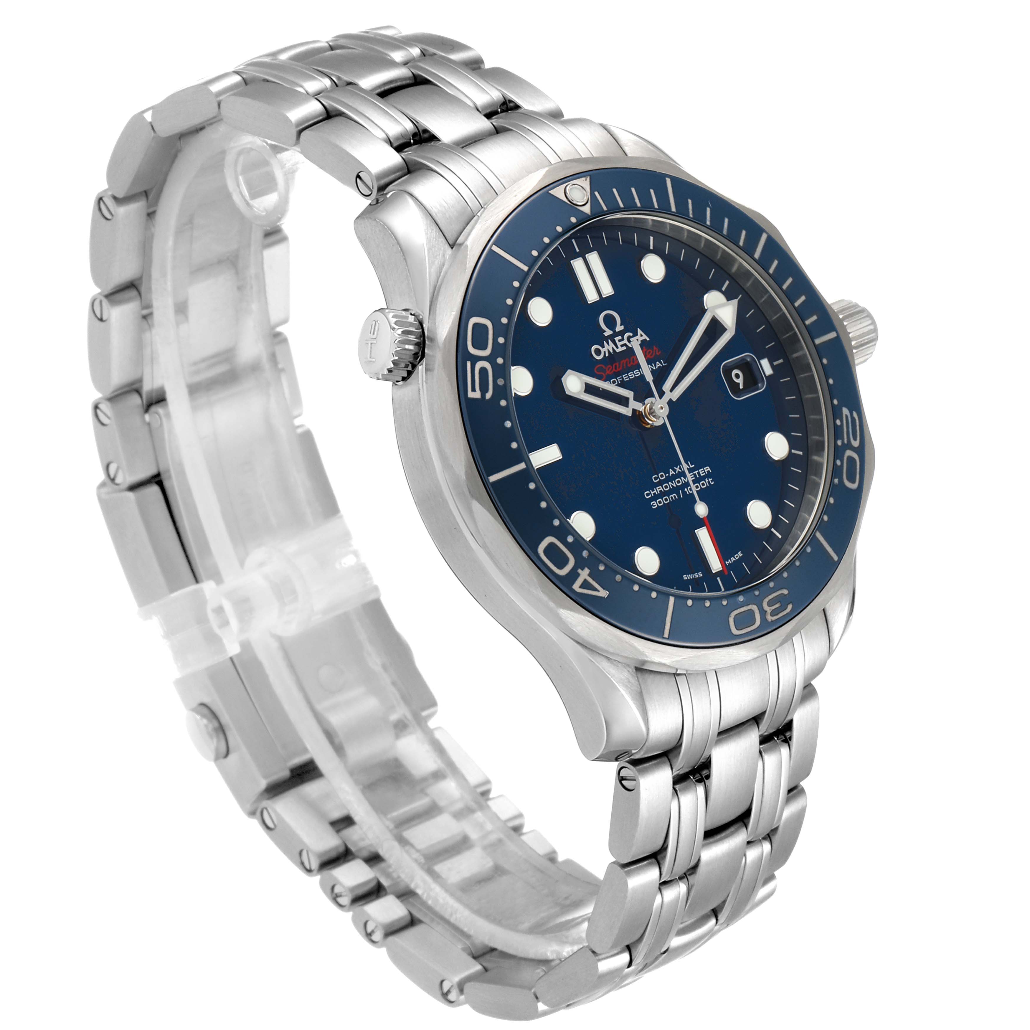 The image shows the Omega Seamaster 212.30.41.20.03.001 Men's Stainless Steel Blue Dial 212.30.41.20.03.001 Men's Stainless Steel Blue Dial watch at a diagonal angle, highlighting the casing, bracelet, dial, bezel, and date window.