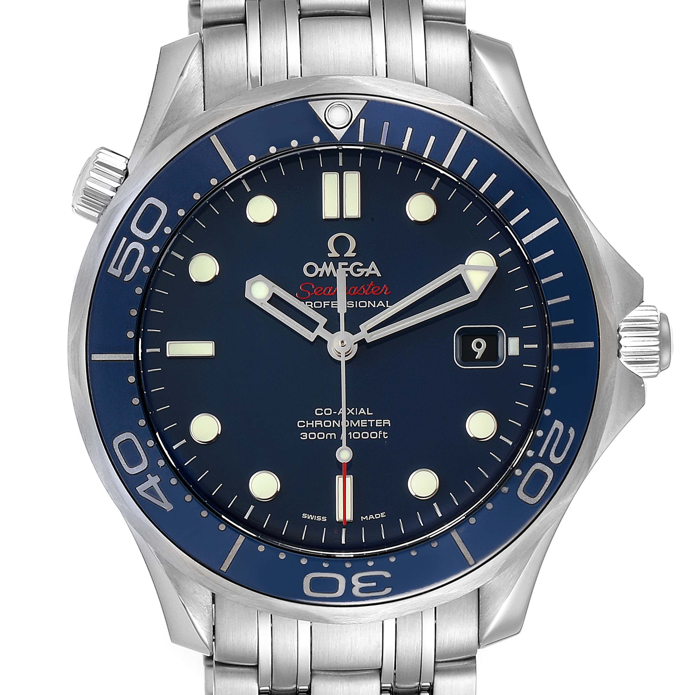 The Omega Seamaster 212.30.41.20.03.001 Men's Stainless Steel Blue Dial 212.30.41.20.03.001 Men's Stainless Steel Blue Dial watch is shown from the front, displaying the dial, bezel, hands, date window, and part of the bracelet.