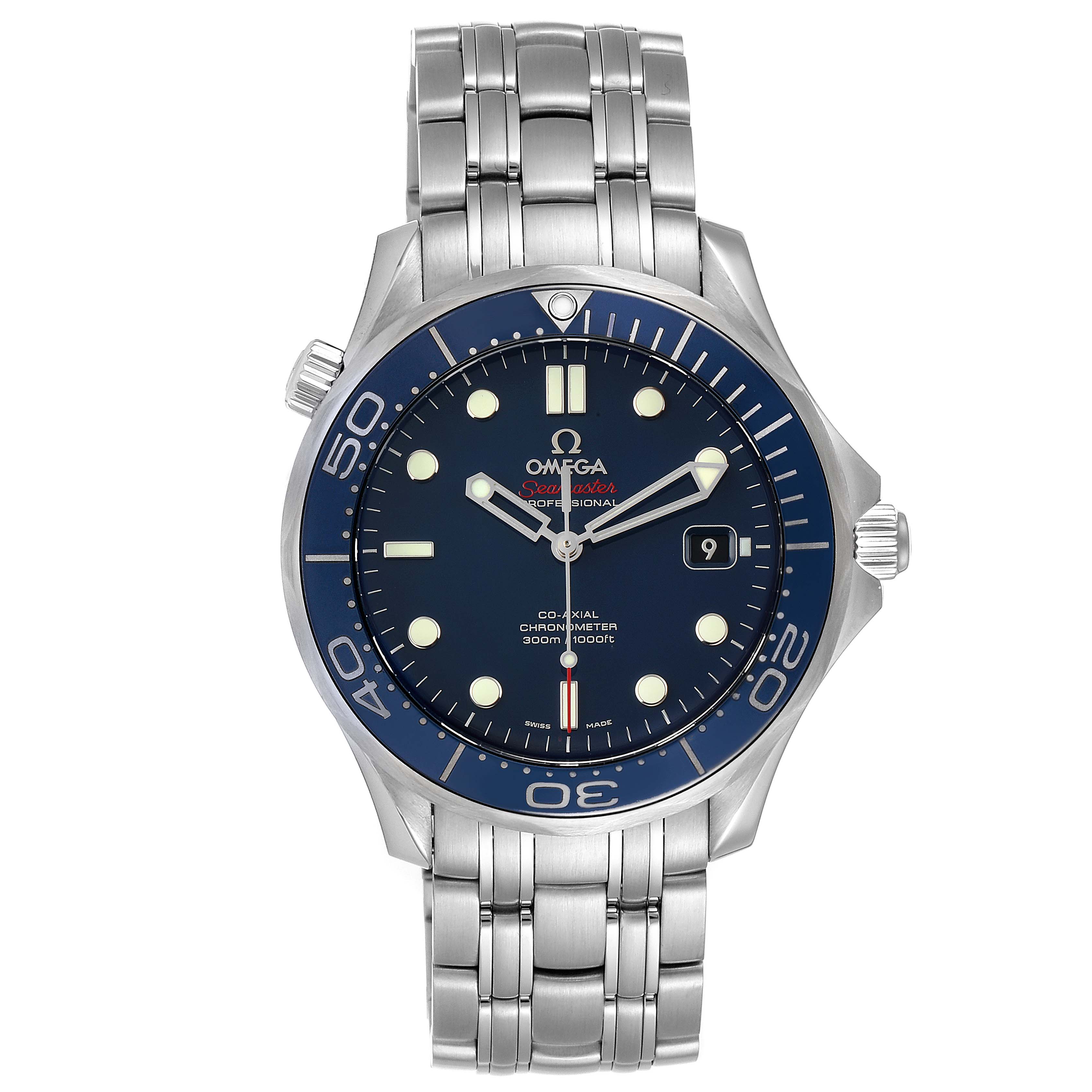 The image shows a front view of the Omega Seamaster 212.30.41.20.03.001 Men's Stainless Steel Blue Dial 212.30.41.20.03.001 Men's Stainless Steel Blue Dial watch, focusing on the dial and bracelet.
