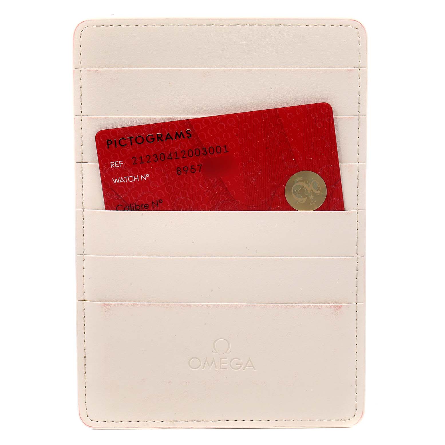 The image shows the Omega Seamaster 212.30.41.20.03.001 Men's Stainless Steel Blue Dial 212.30.41.20.03.001 Men's Stainless Steel Blue Dial model's warranty card in a cream cardholder.