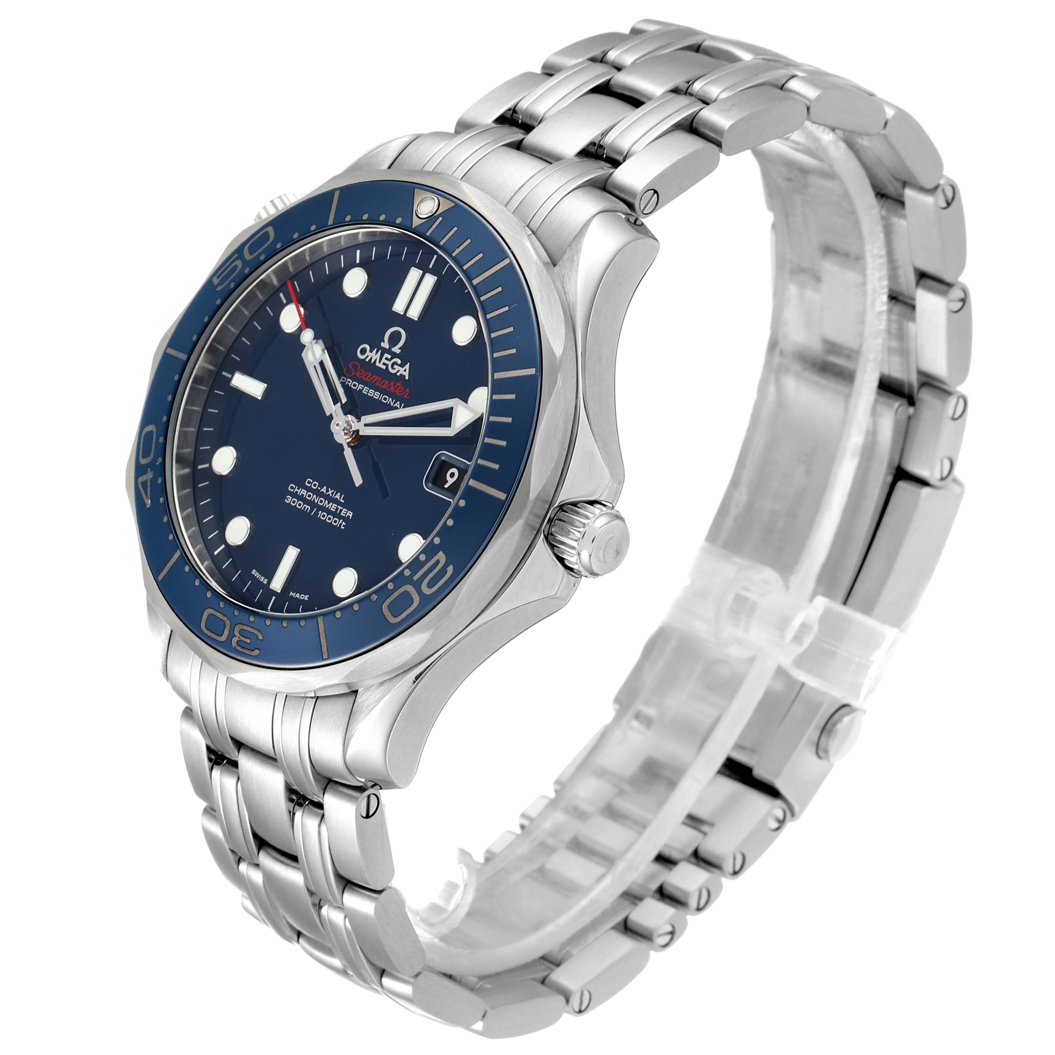 The Omega Seamaster 212.30.41.20.03.001 Men's Stainless Steel Blue Dial 212.30.41.20.03.001 Men's Stainless Steel Blue Dial watch is shown at a three-quarter angle highlighting its blue dial, bezel, crown, and stainless steel bracelet.