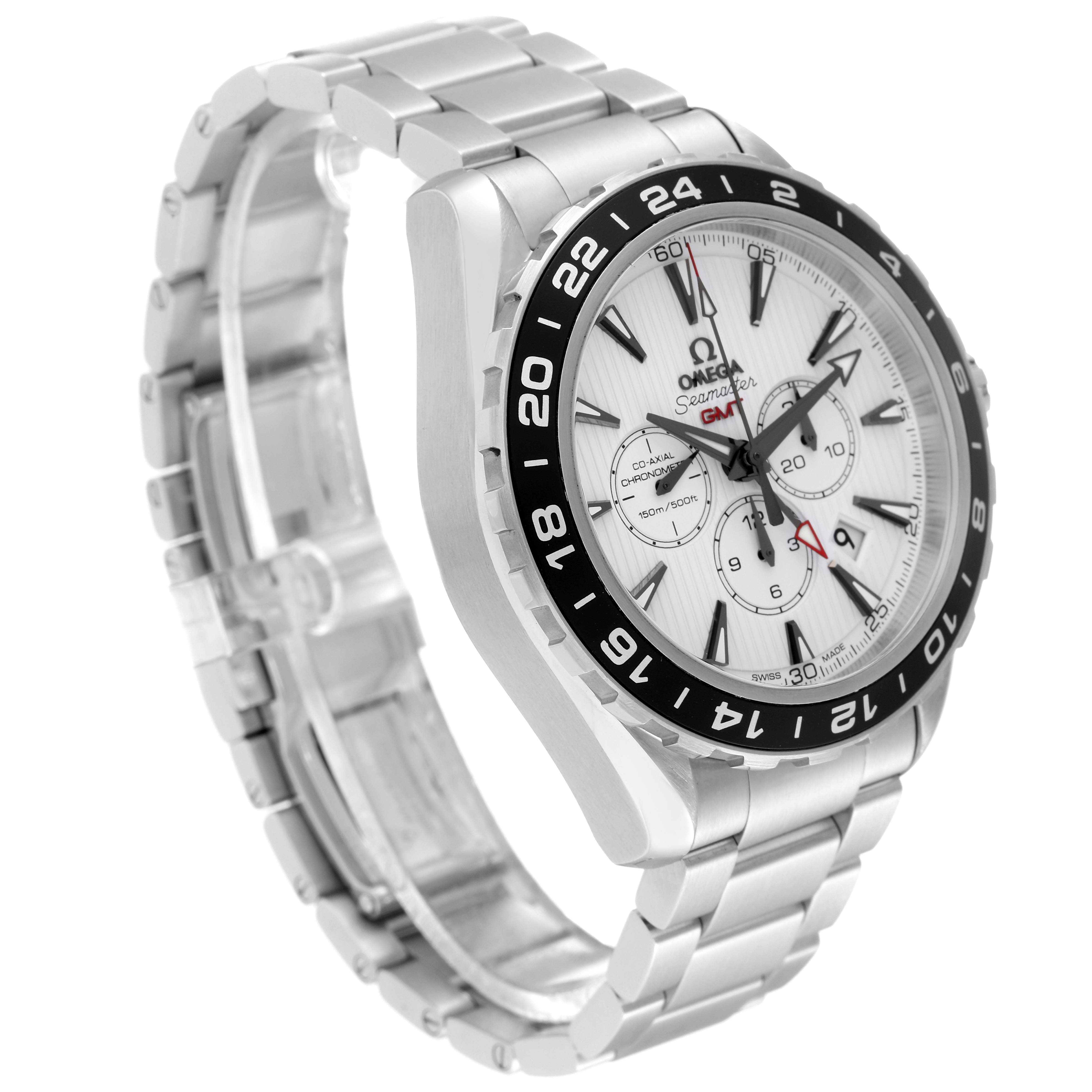 The image shows a side-angle view of an Omega Seamaster 231.10.44.52.04.001 Men
s Stainless Steel White Dial 231.10.44.52.04.001 Men
s Stainless Steel White Dial watch, highlighting its dial, bezel, and stainless steel bracelet.