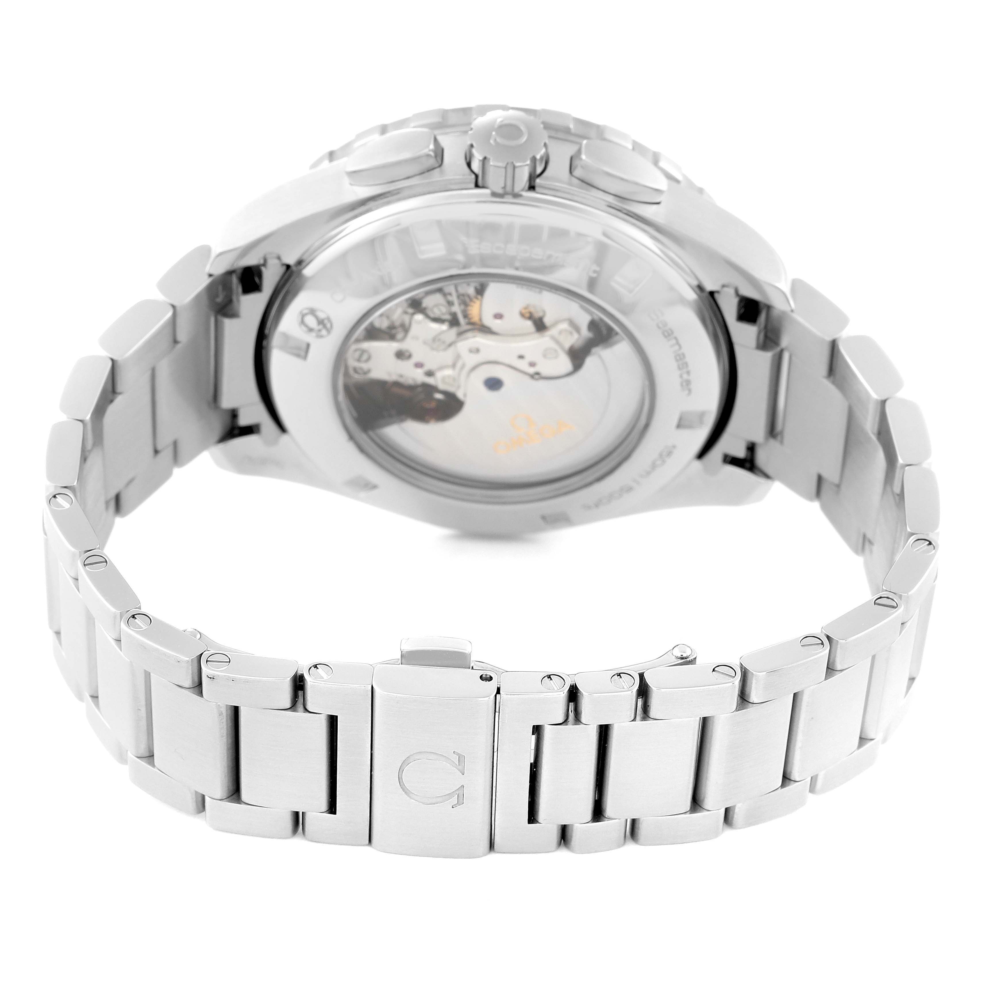 The image shows the back view and metal bracelet of an Omega Seamaster 231.10.44.52.04.001 Men
s Stainless Steel White Dial 231.10.44.52.04.001 Men
s Stainless Steel White Dial watch, highlighting its transparent case back.