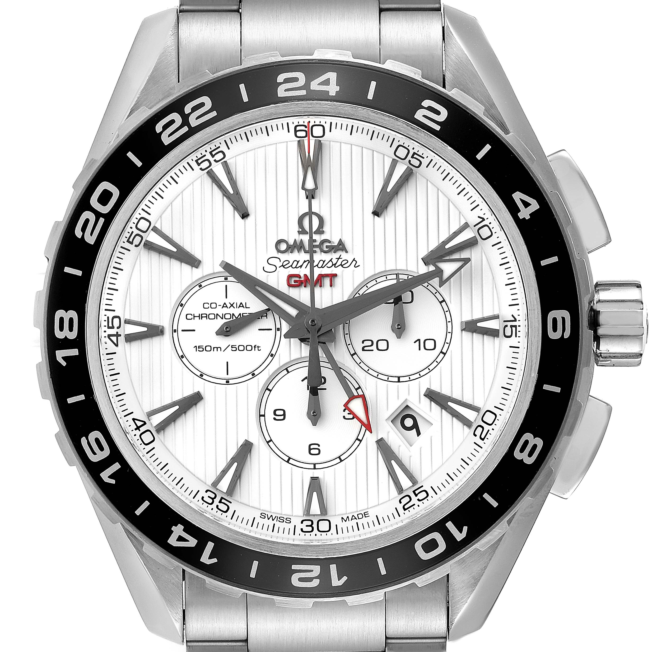 The image shows a front view of an Omega Seamaster 231.10.44.52.04.001 Men
s Stainless Steel White Dial 231.10.44.52.04.001 Men
s Stainless Steel White Dial GMT watch featuring a white dial, black bezel, and silver bracelet.