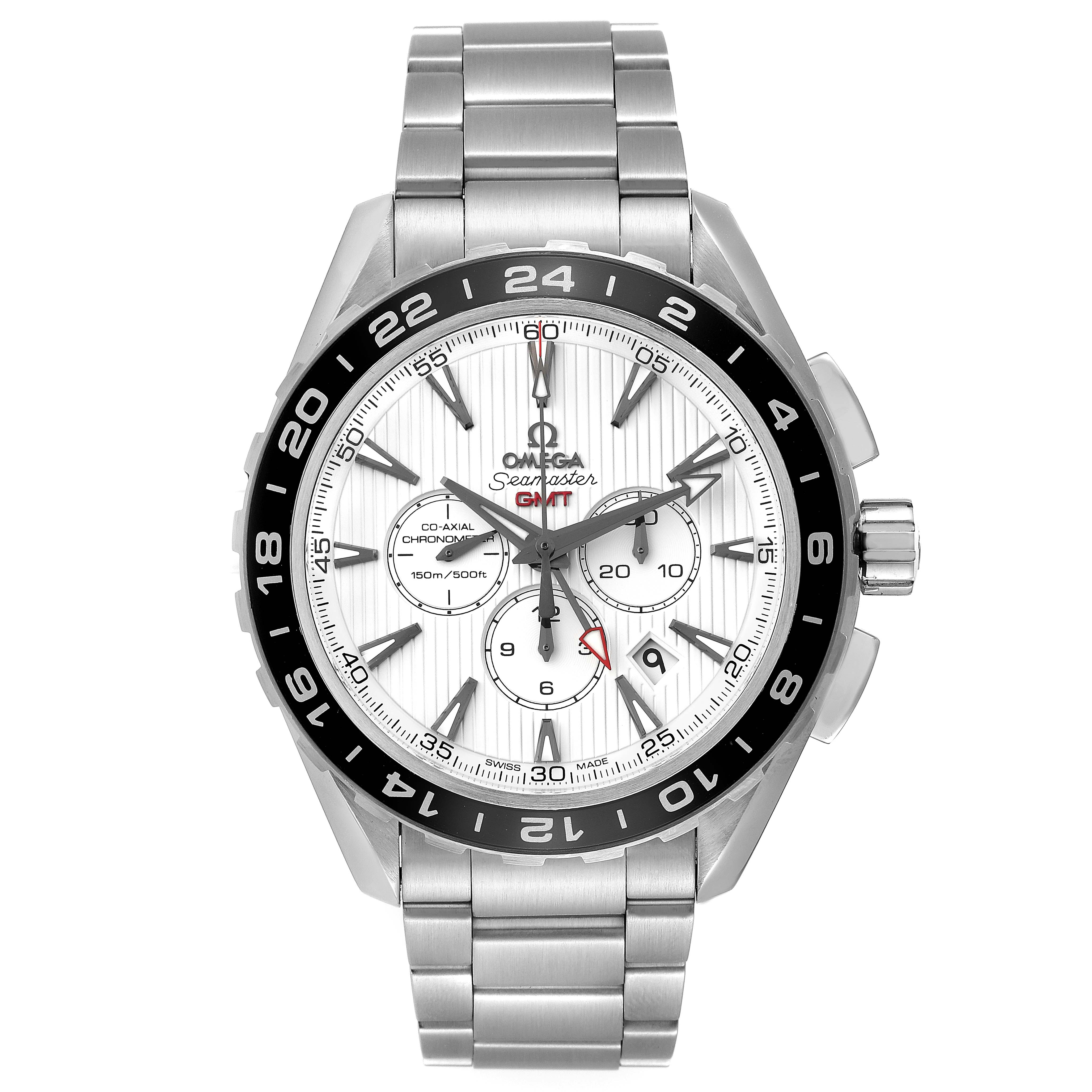 The image shows a frontal view of the Omega Seamaster 231.10.44.52.04.001 Men
s Stainless Steel White Dial 231.10.44.52.04.001 Men
s Stainless Steel White Dial GMT watch, featuring its dial, bezel, and stainless steel bracelet.