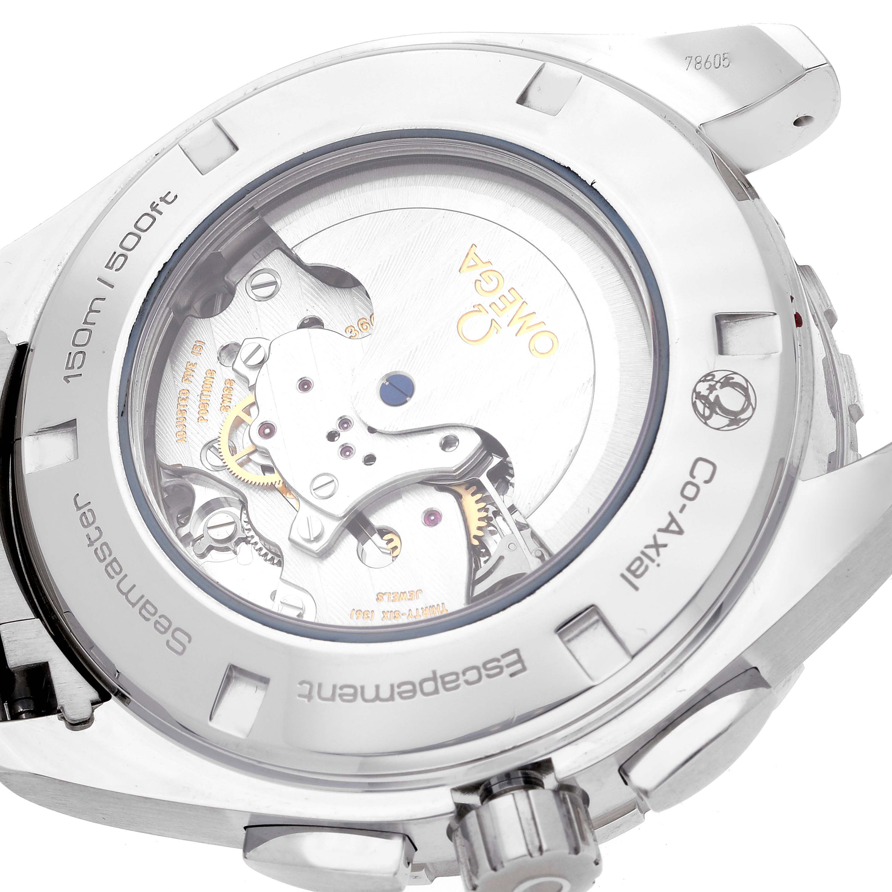 The image shows the back view of an Omega Seamaster 231.10.44.52.04.001 Men
s Stainless Steel White Dial 231.10.44.52.04.001 Men
s Stainless Steel White Dial watch, highlighting its co-axial movement.