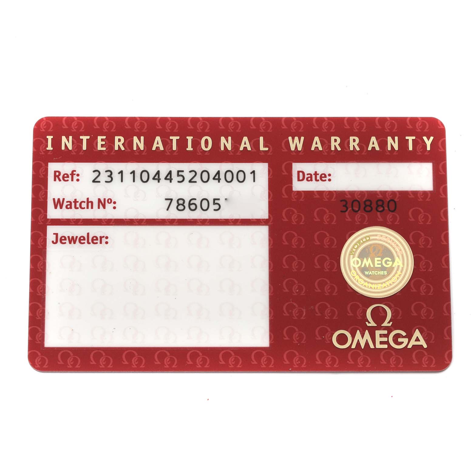 This is an image of an Omega International Warranty card for the Seamaster model, showing reference number, watch number, and other details.