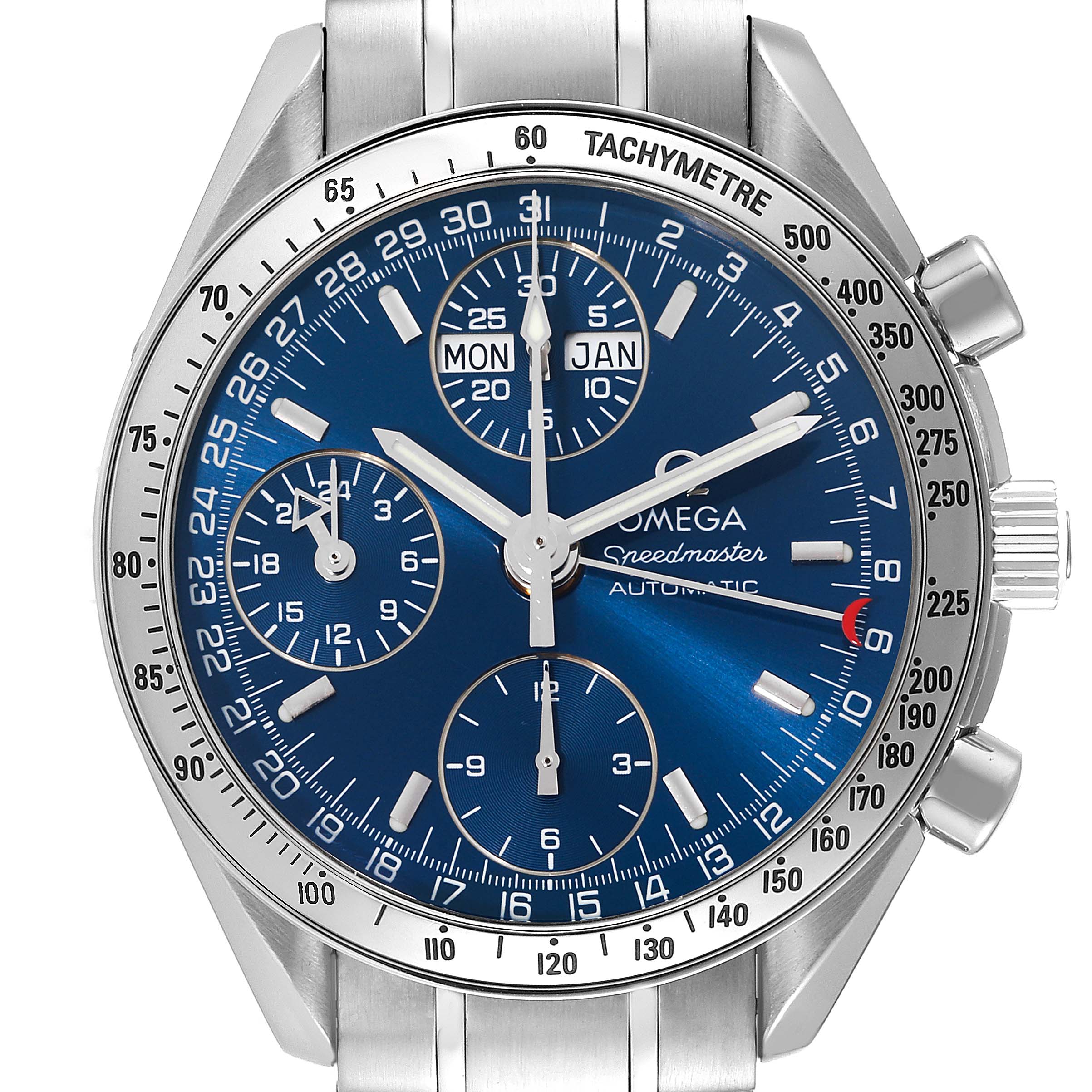 The image shows the front view of an Omega Speedmaster 3523.80.00 Men
s Stainless Steel Blue Dial 3523.80.00 Men
s Stainless Steel Blue Dial watch with a blue dial, tachymeter bezel, and three sub-dials.
