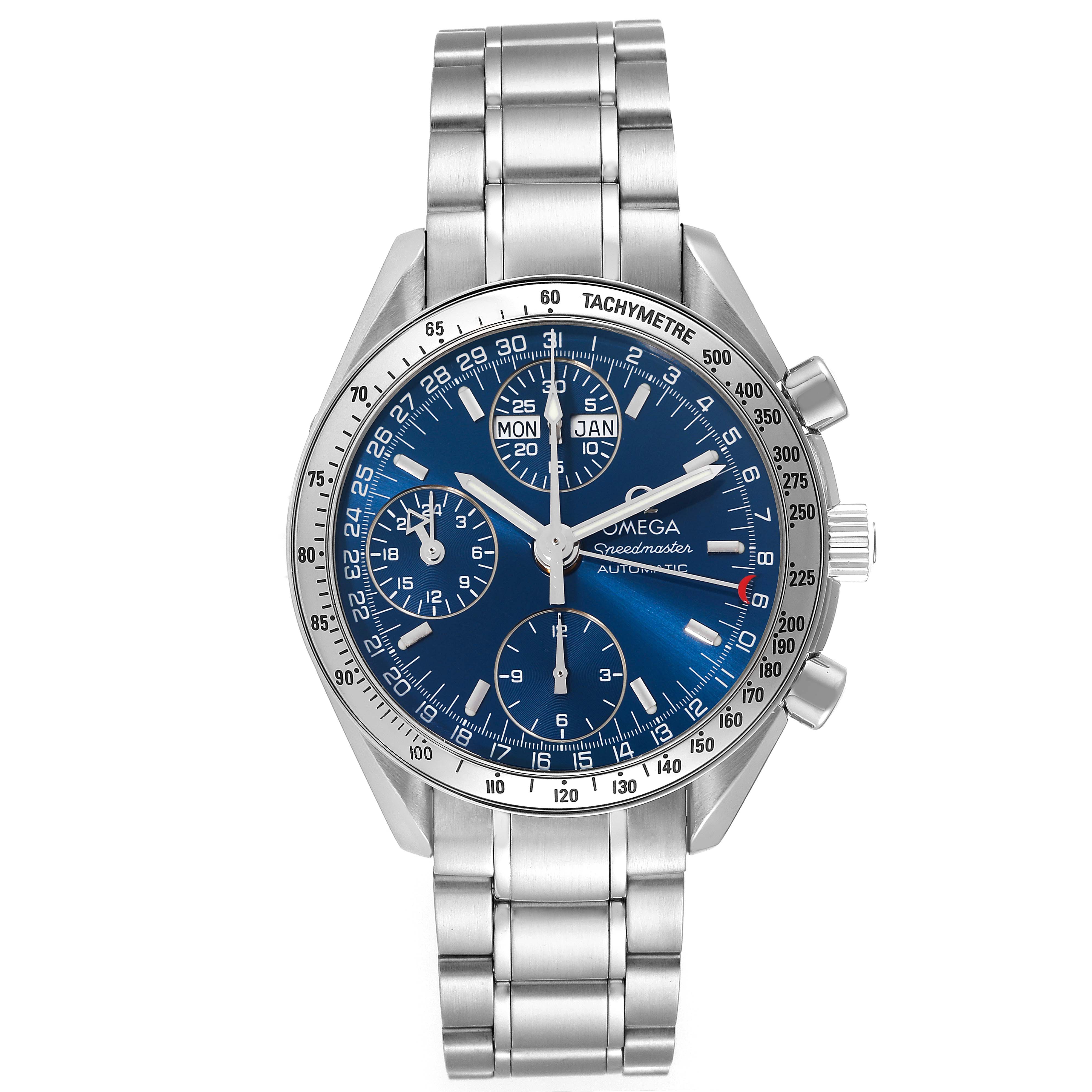 The image shows a frontal view of an Omega Speedmaster 3523.80.00 Men
s Stainless Steel Blue Dial 3523.80.00 Men
s Stainless Steel Blue Dial watch, highlighting its dial, bracelet, and tachymeter bezel.