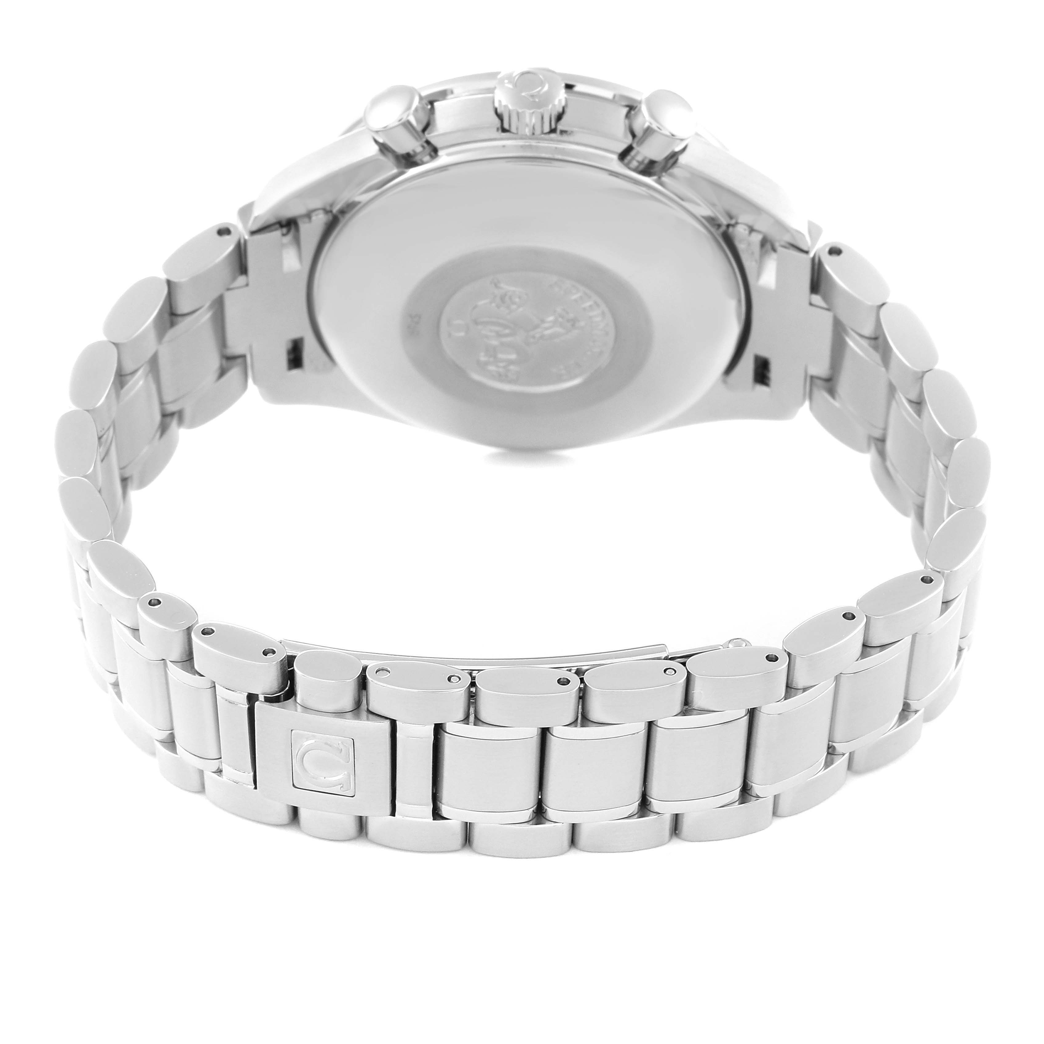 The image shows the back case and bracelet of an Omega Speedmaster 3523.80.00 Men
s Stainless Steel Blue Dial 3523.80.00 Men
s Stainless Steel Blue Dial watch from a rear view angle.